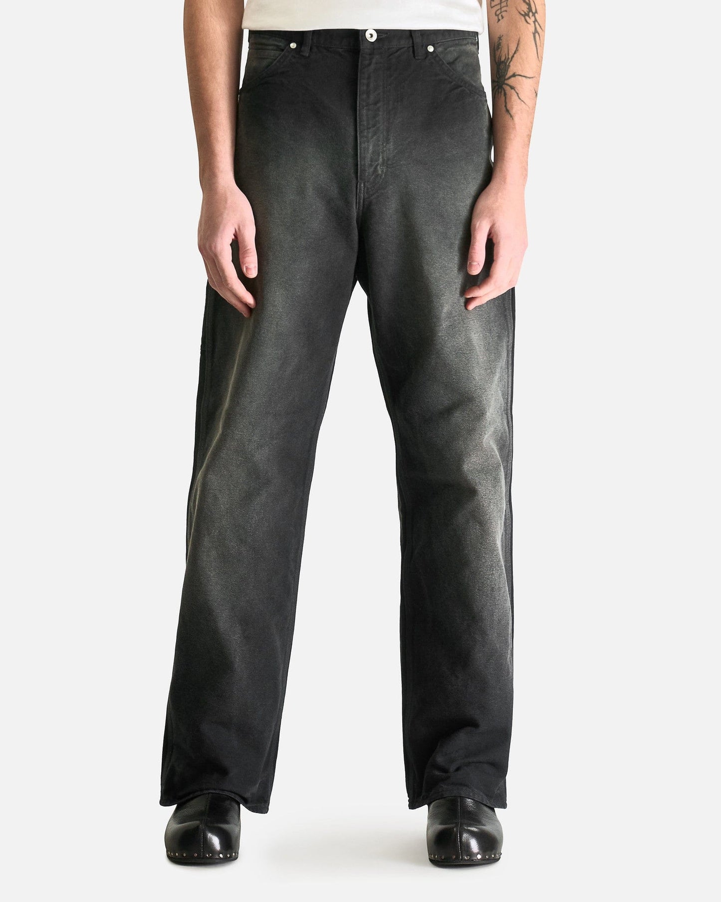 Auralee Men's Pants Dyed Organic Cotton Duck Painter Pants in Faded Black