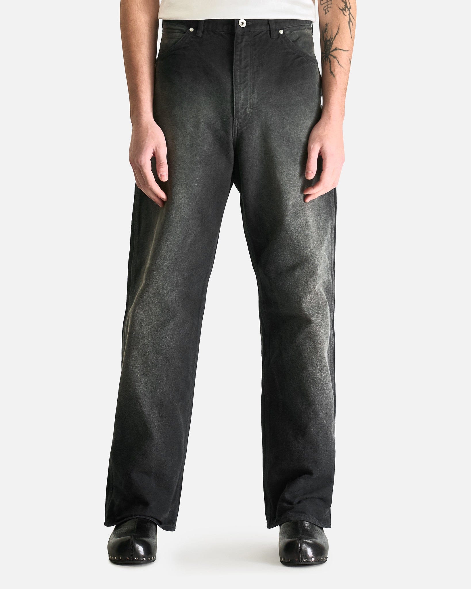 Auralee Men's Pants Dyed Organic Cotton Duck Painter Pants in Faded Black