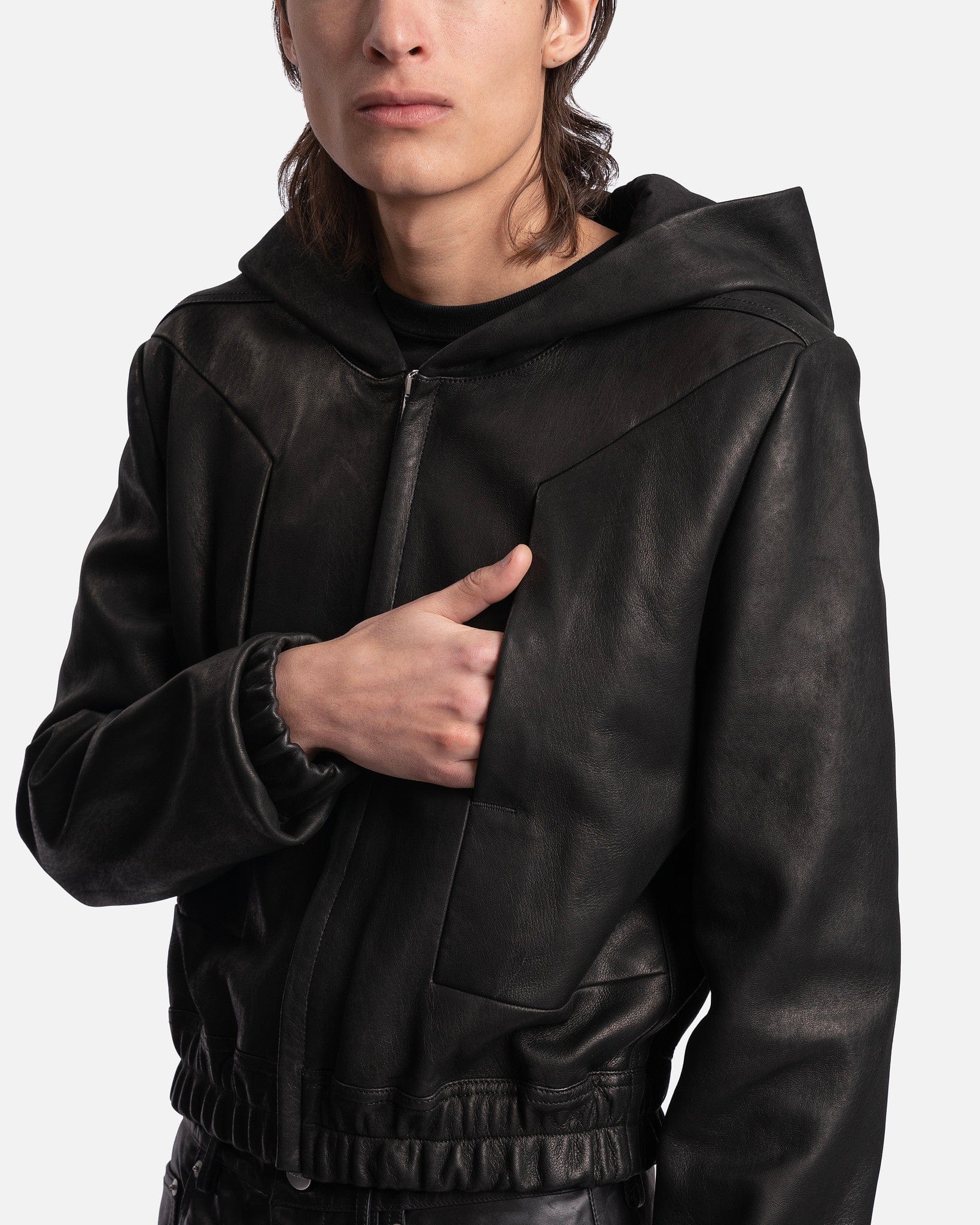 Rick Owens Men's Sweatshirts EDFU Leather Hooded Top in Black