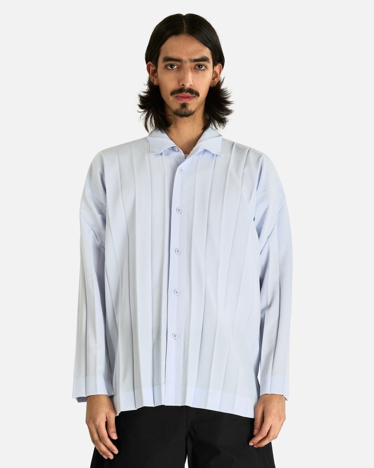 Homme Plissé Issey Miyake Men's Shirts Edge Ensemble Shirt in Sericite Blue