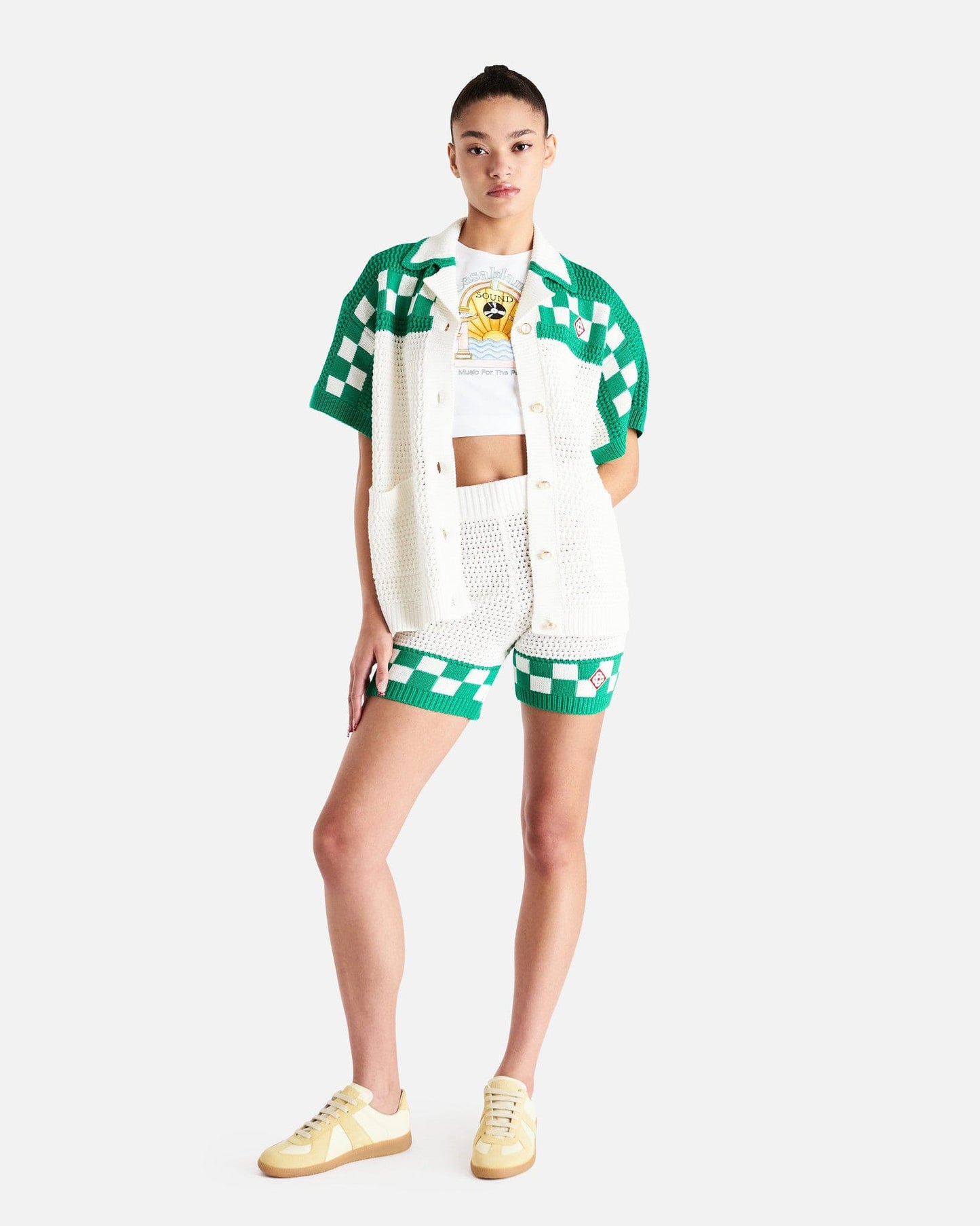 Casablanca Women Shorts Faux Crochet Shorts in White/Green