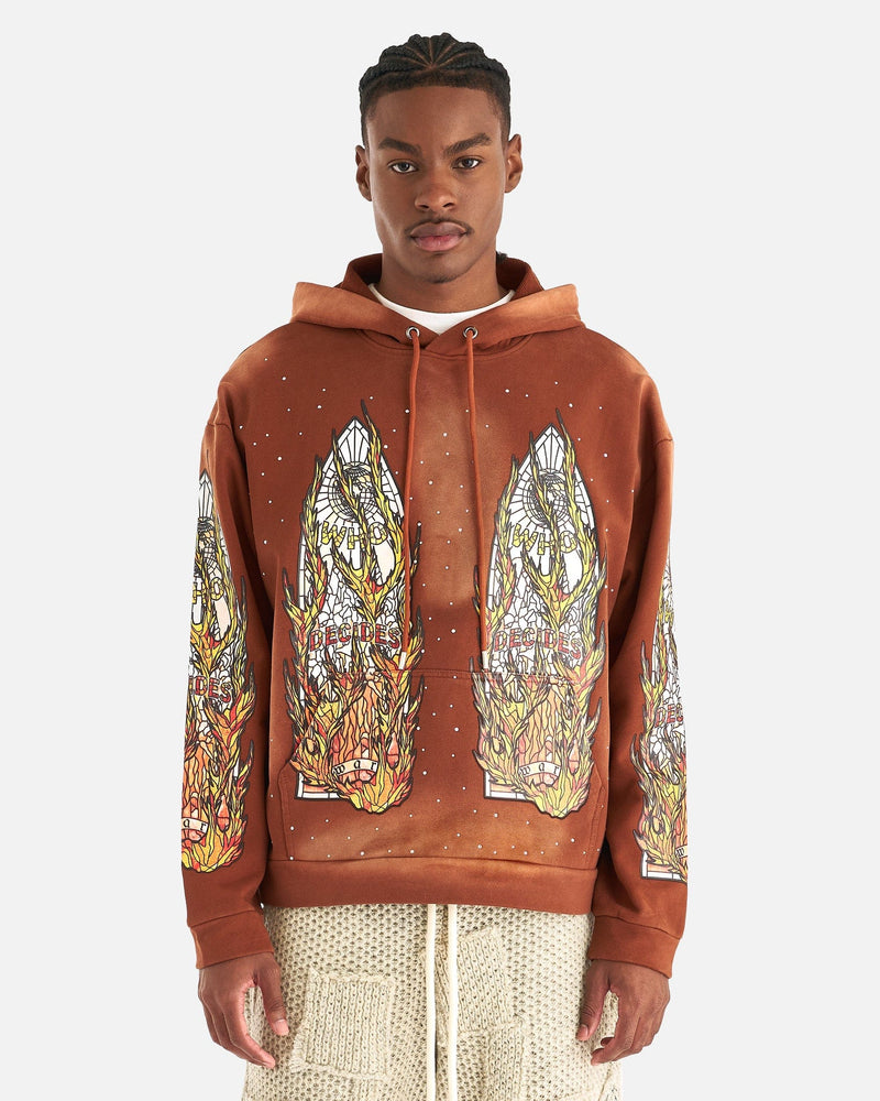 Who Decides War Men's Sweater Flame Glass Hooded Sweatshirt in Rust