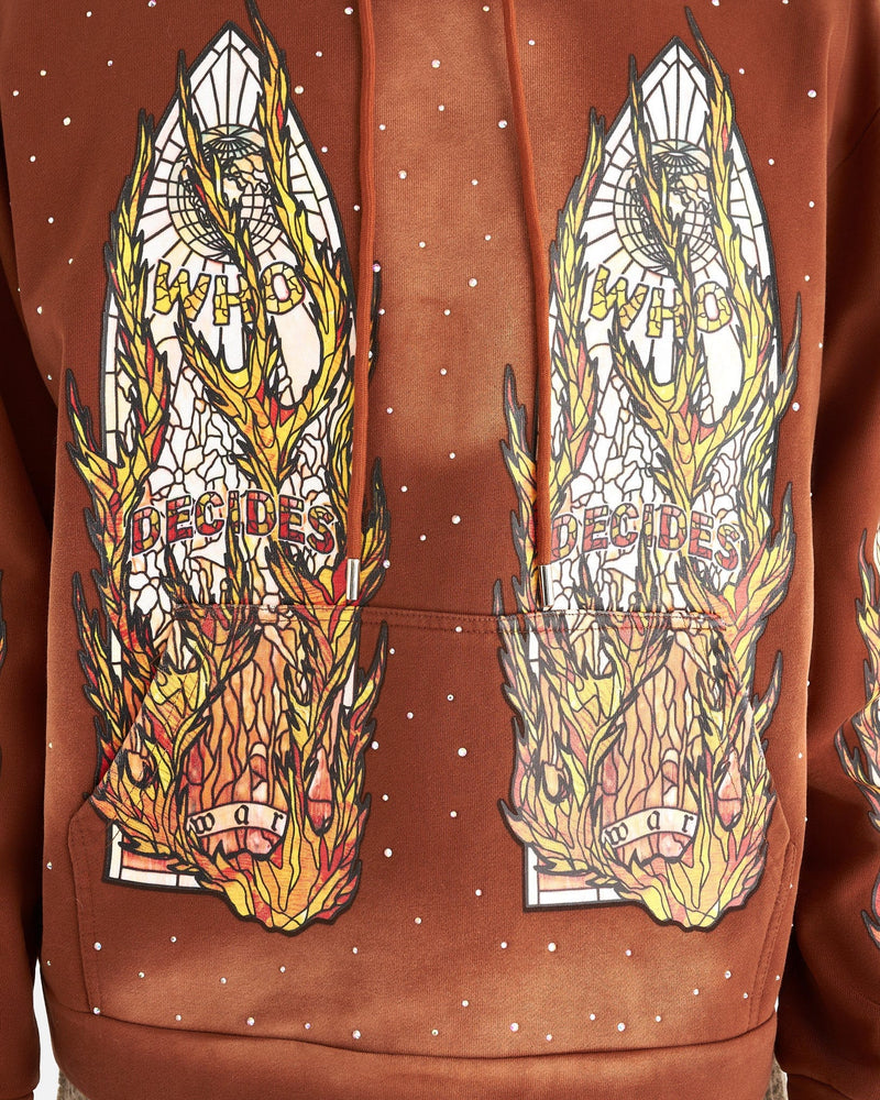 Who Decides War Men's Sweater Flame Glass Hooded Sweatshirt in Rust