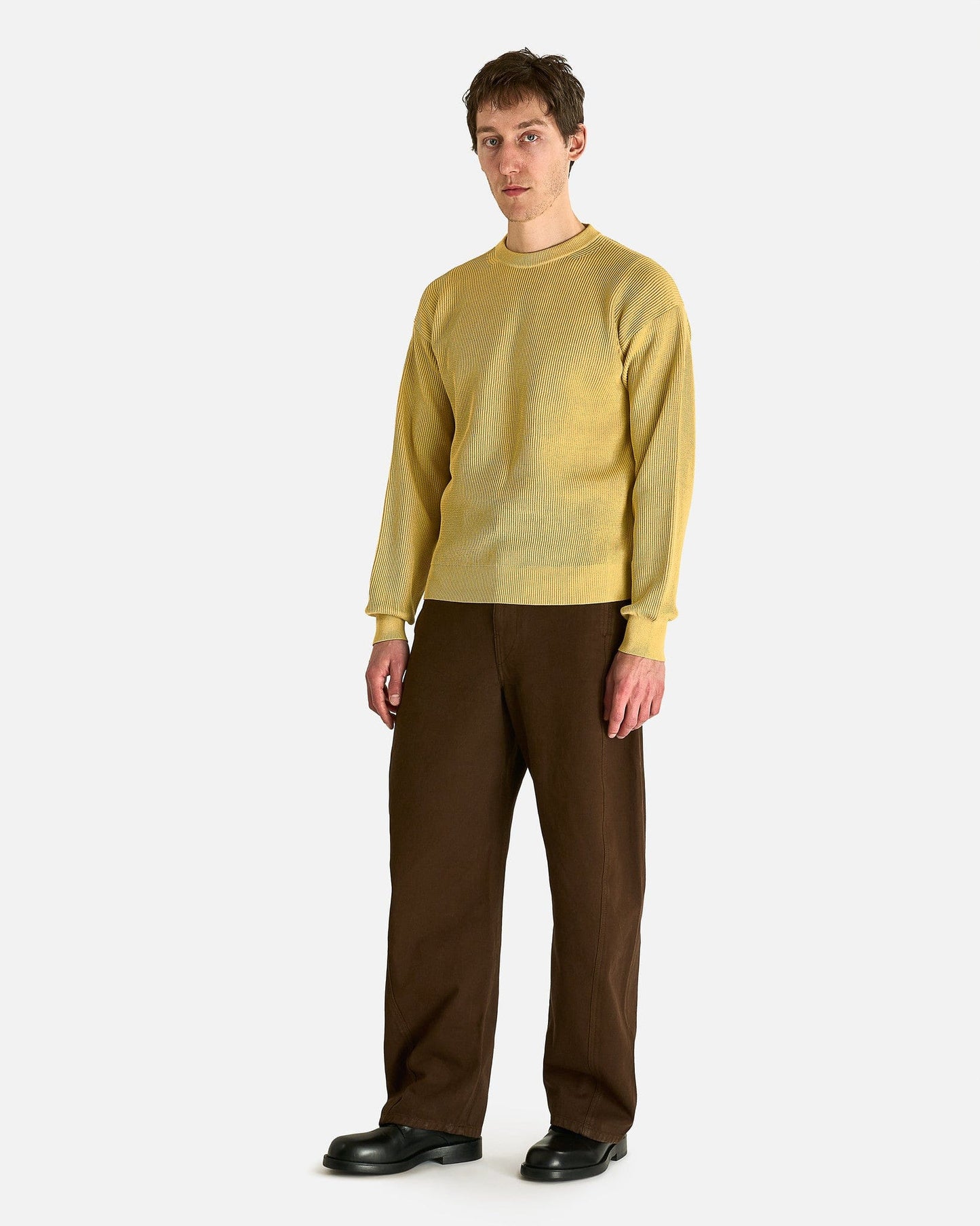 Auralee Men's Knitwear Flat Yarn Rib Knit Pullover in Dusty Yellow