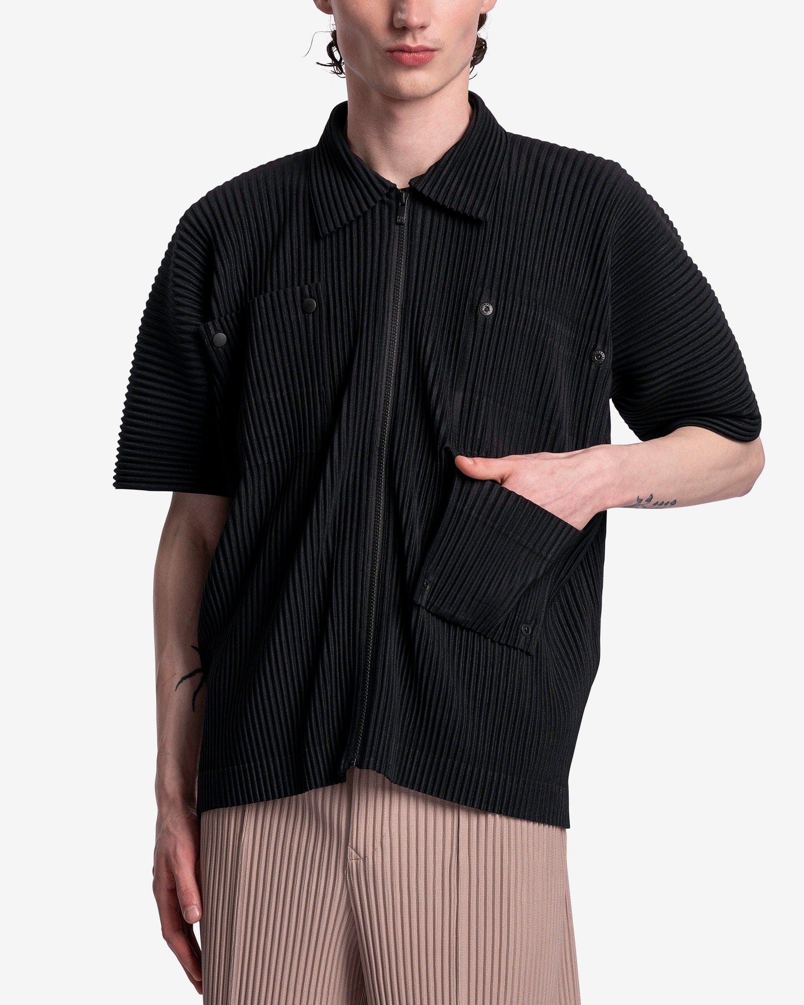 Homme Plissé Issey Miyake Men's Shirts Flip Shirt in Black