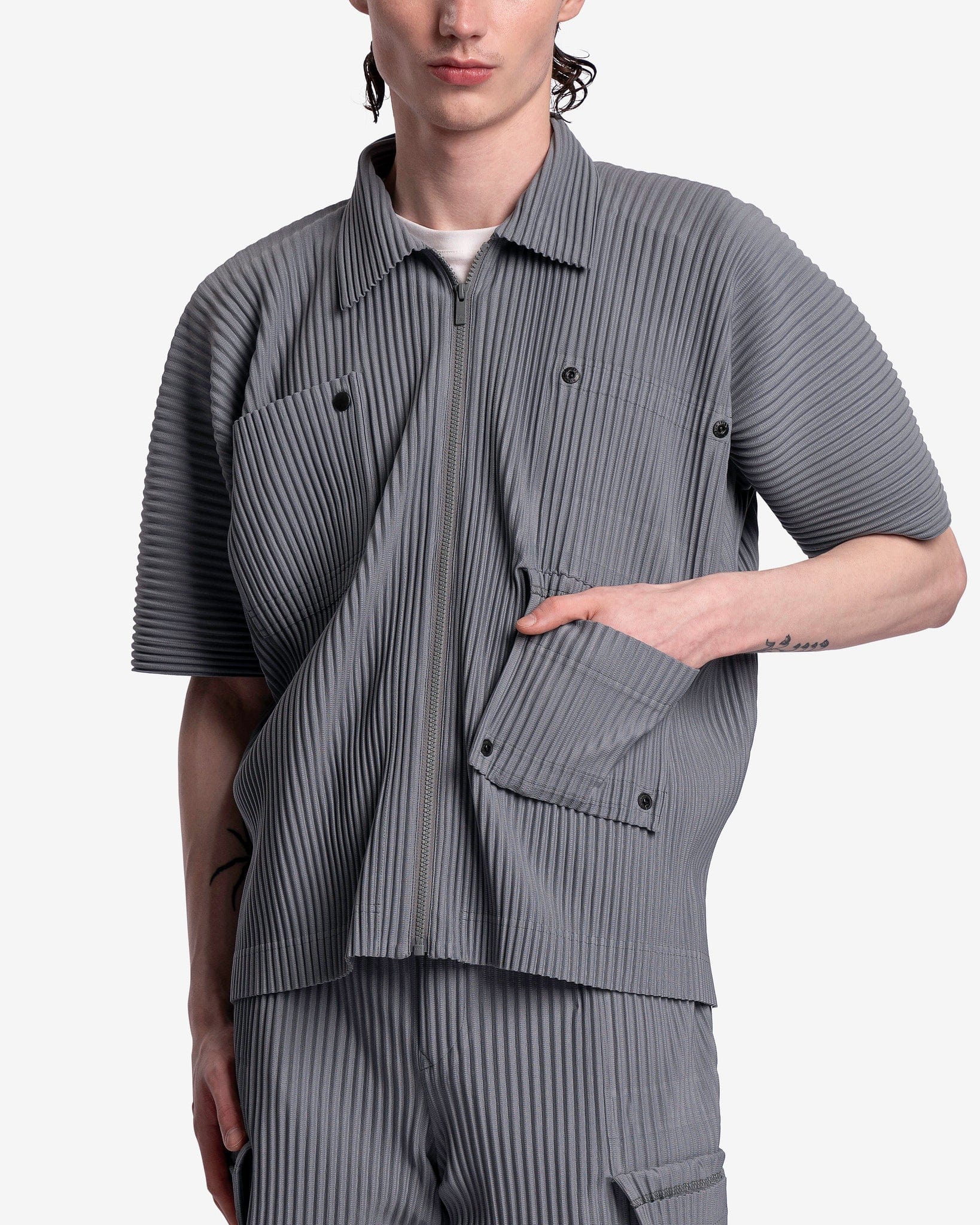 Homme Plissé Issey Miyake Men's Shirts Flip Shirt in Moss Grey