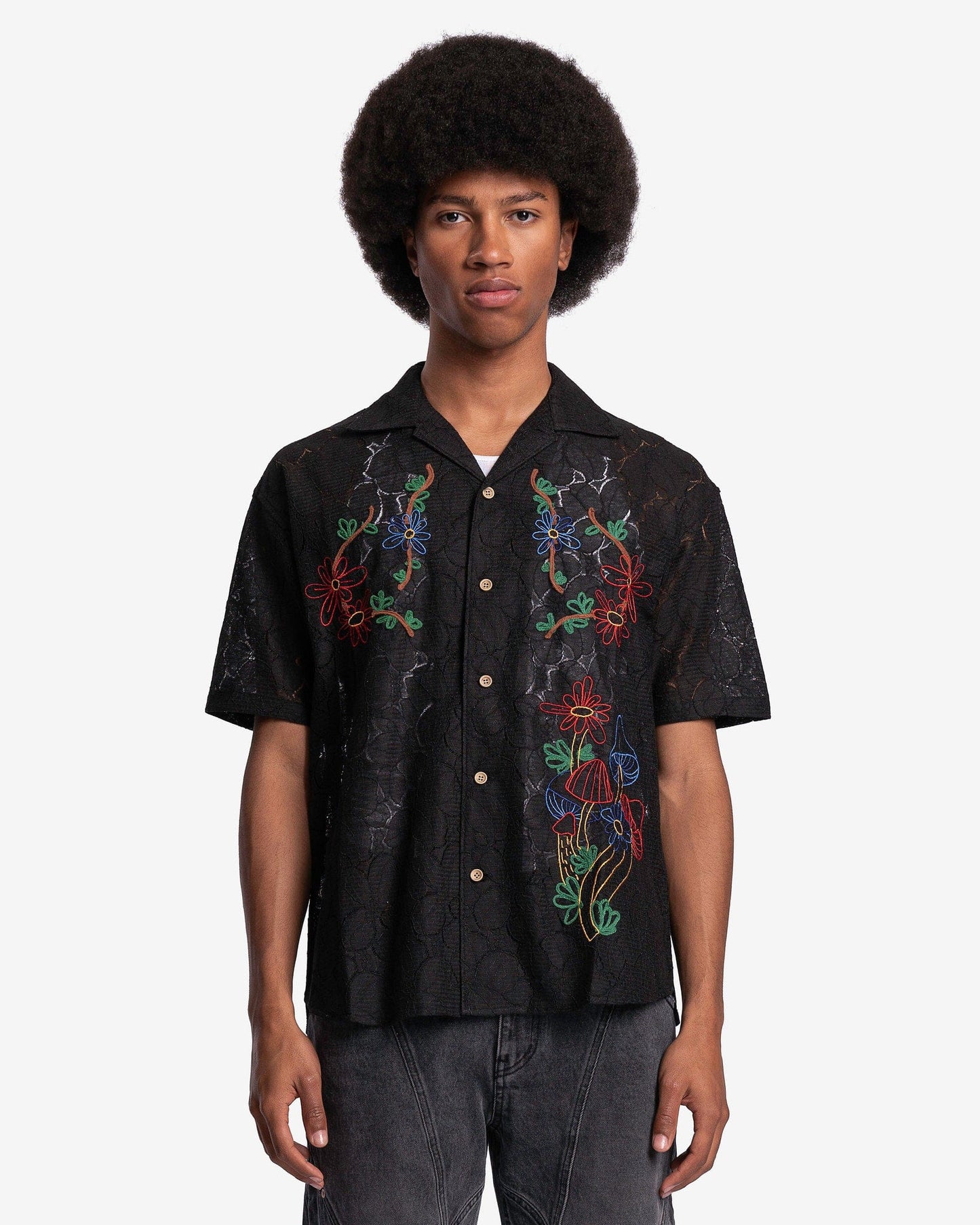 Andersson Bell Men's Shirts Flower Mushroom Embroidery Open Collar Shirt in Black