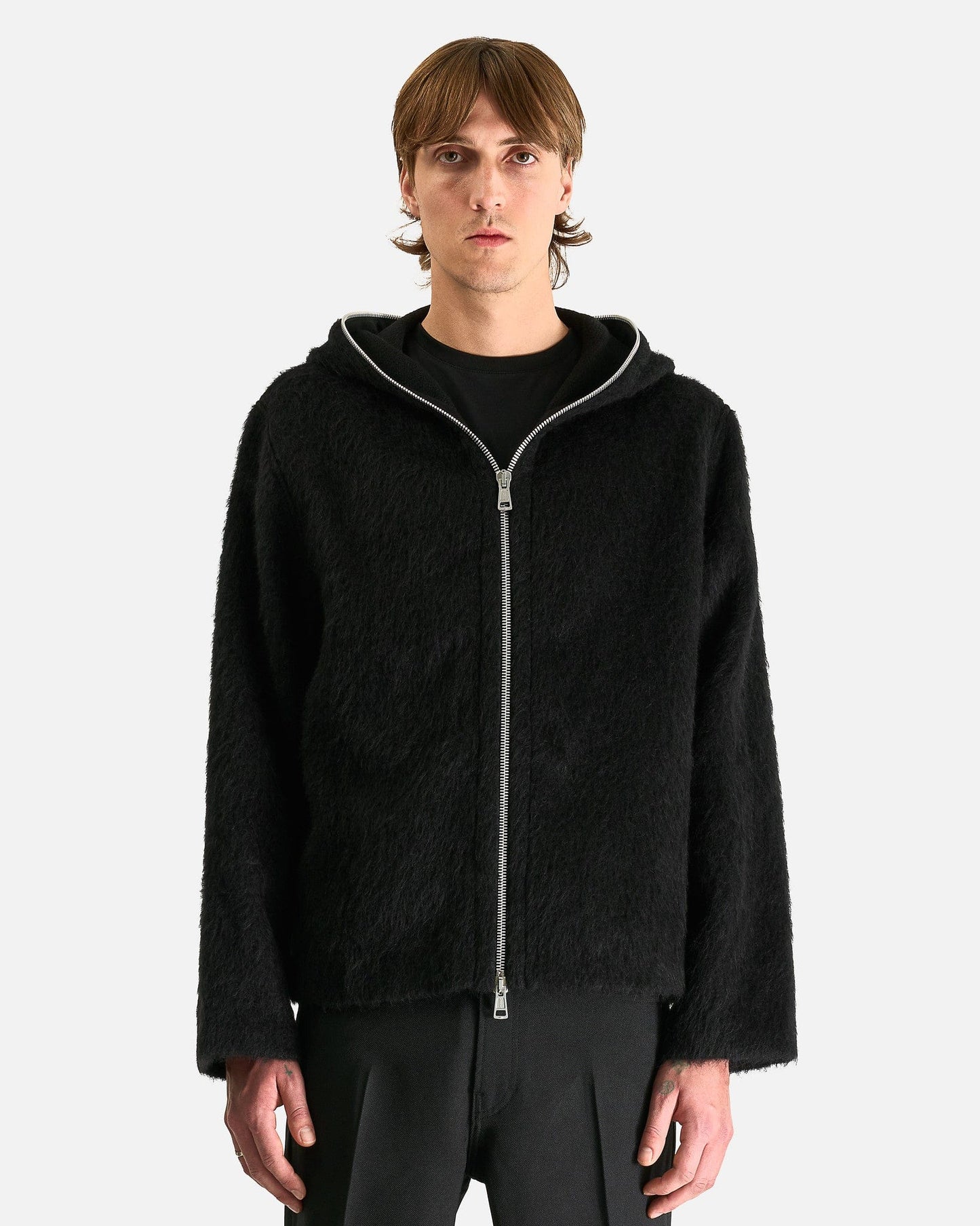 Our Legacy Men's Sweater Full Zip Hood in Black Hairy Wool