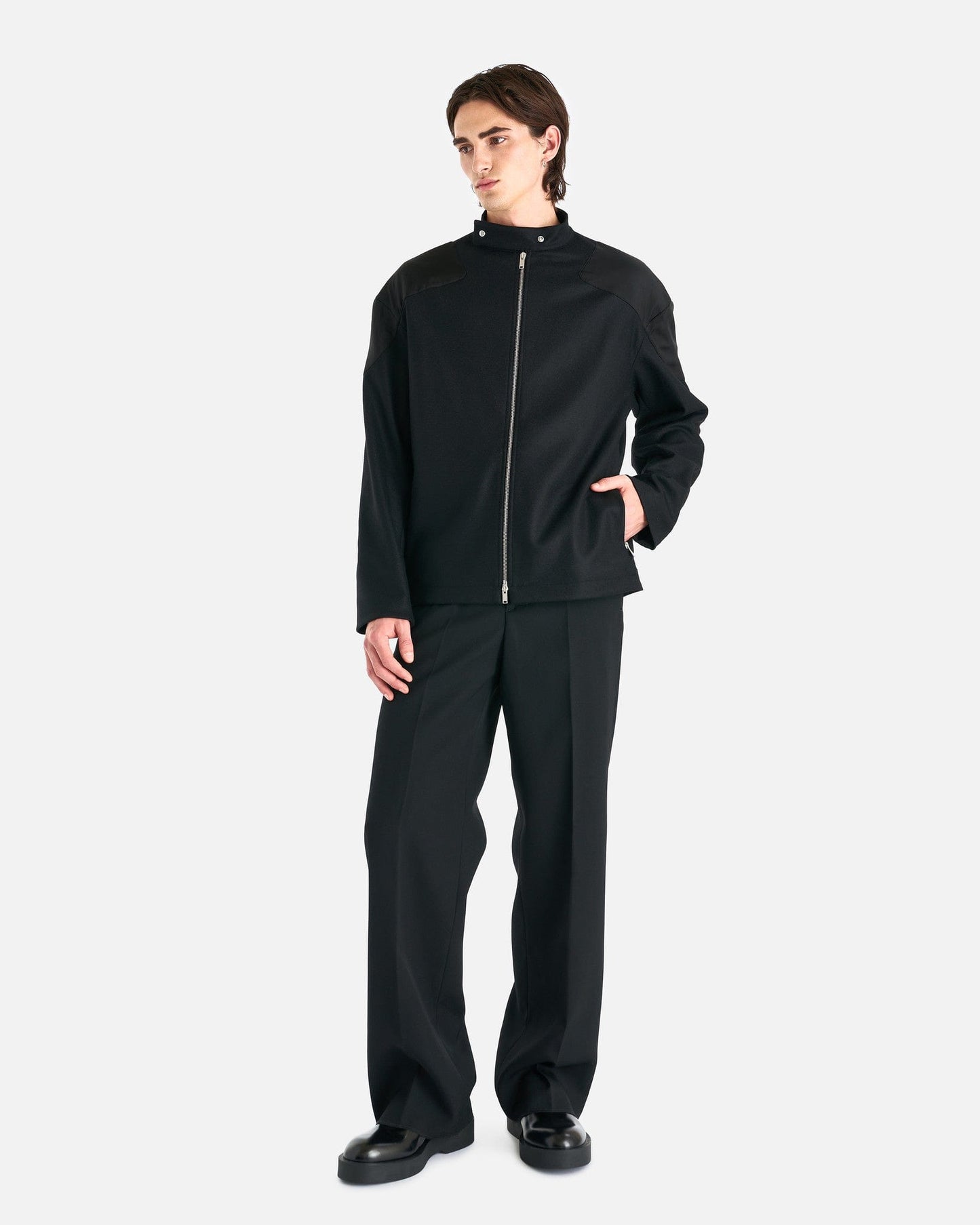 Jil Sander Men's Coat Full-Zip Wool Melton Jacket in Black