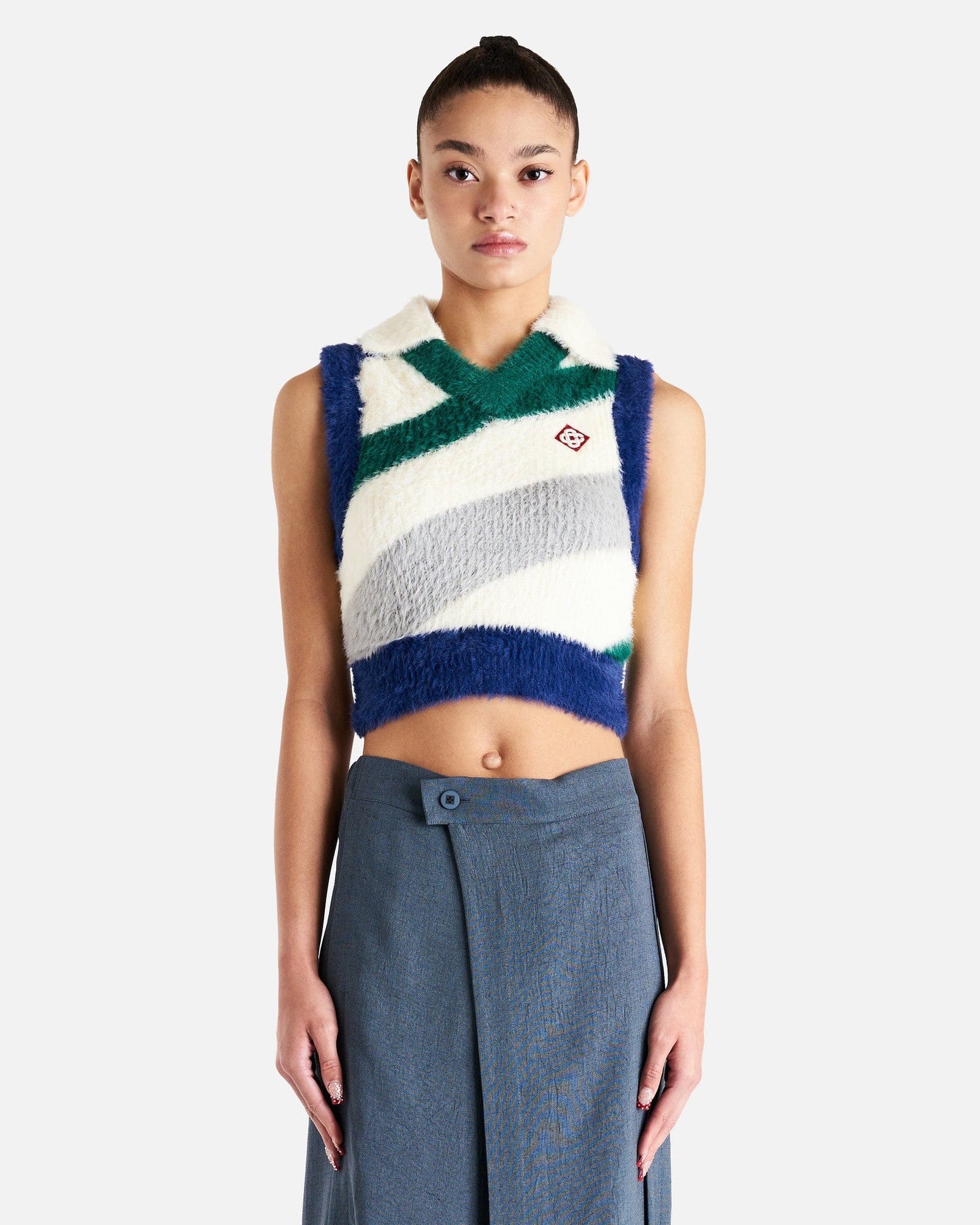 Casablanca Women Sweaters Furry Striped Vest in Blue/White/Green