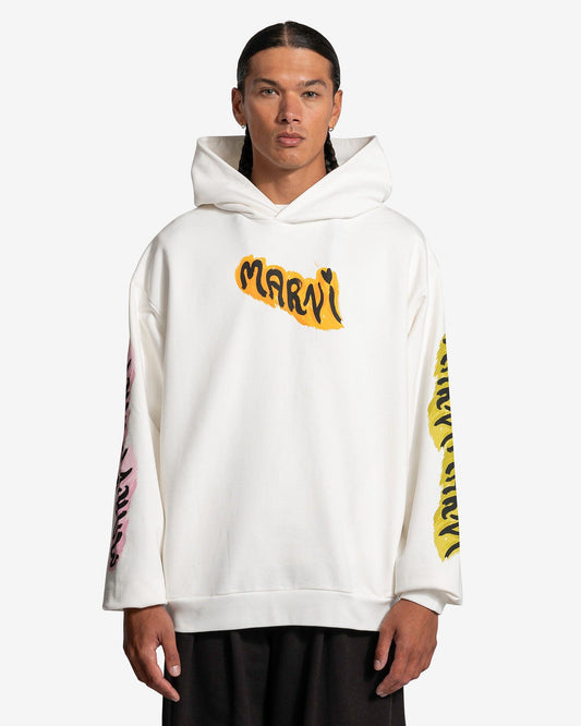 Marni Men's Sweatshirts Graffiti Logo Loopback Hoodie in Natural White