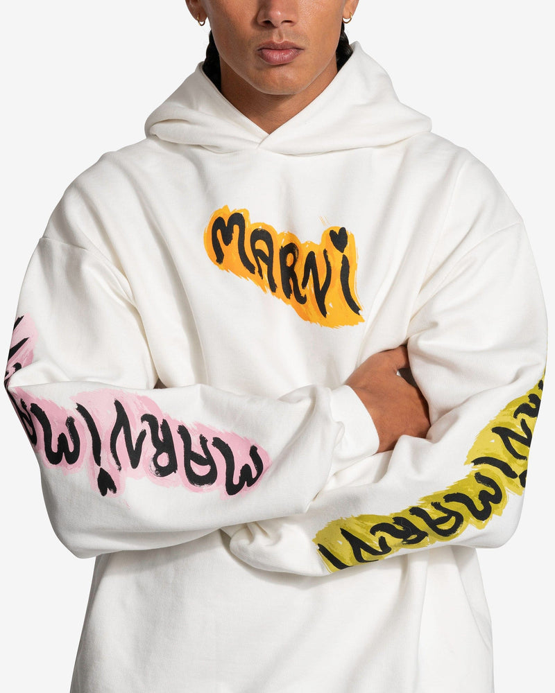 Marni Men's Sweatshirts Graffiti Logo Loopback Hoodie in Natural White