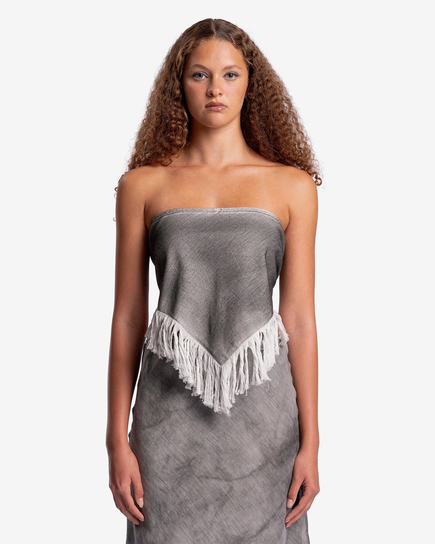 Goomheo Men's Tops O/S Grey Hand Paint Denim Fringe Bandana Top in White Denim