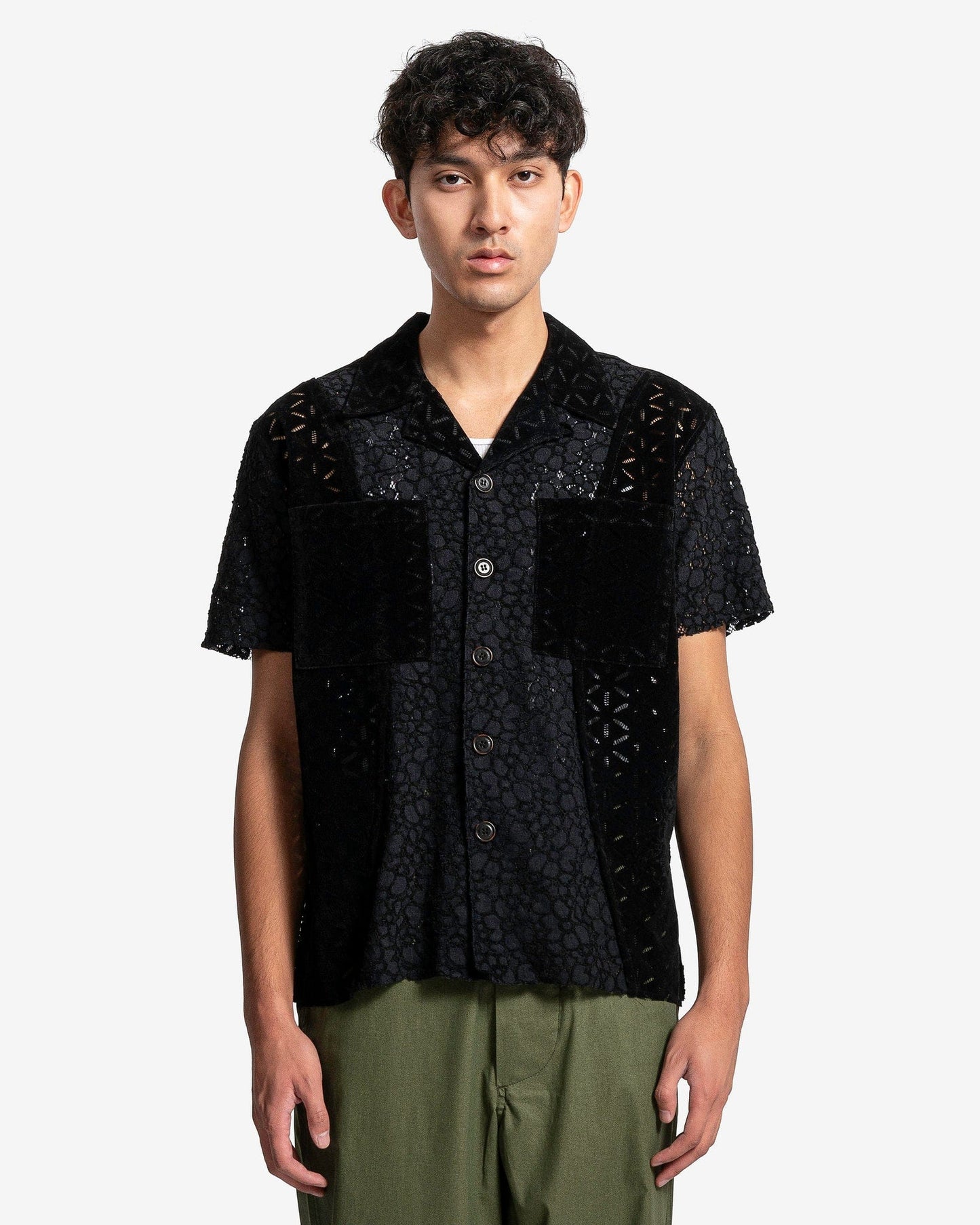 Andersson Bell Men's Shirts Half Sheer Flower Lace Shirt in Black