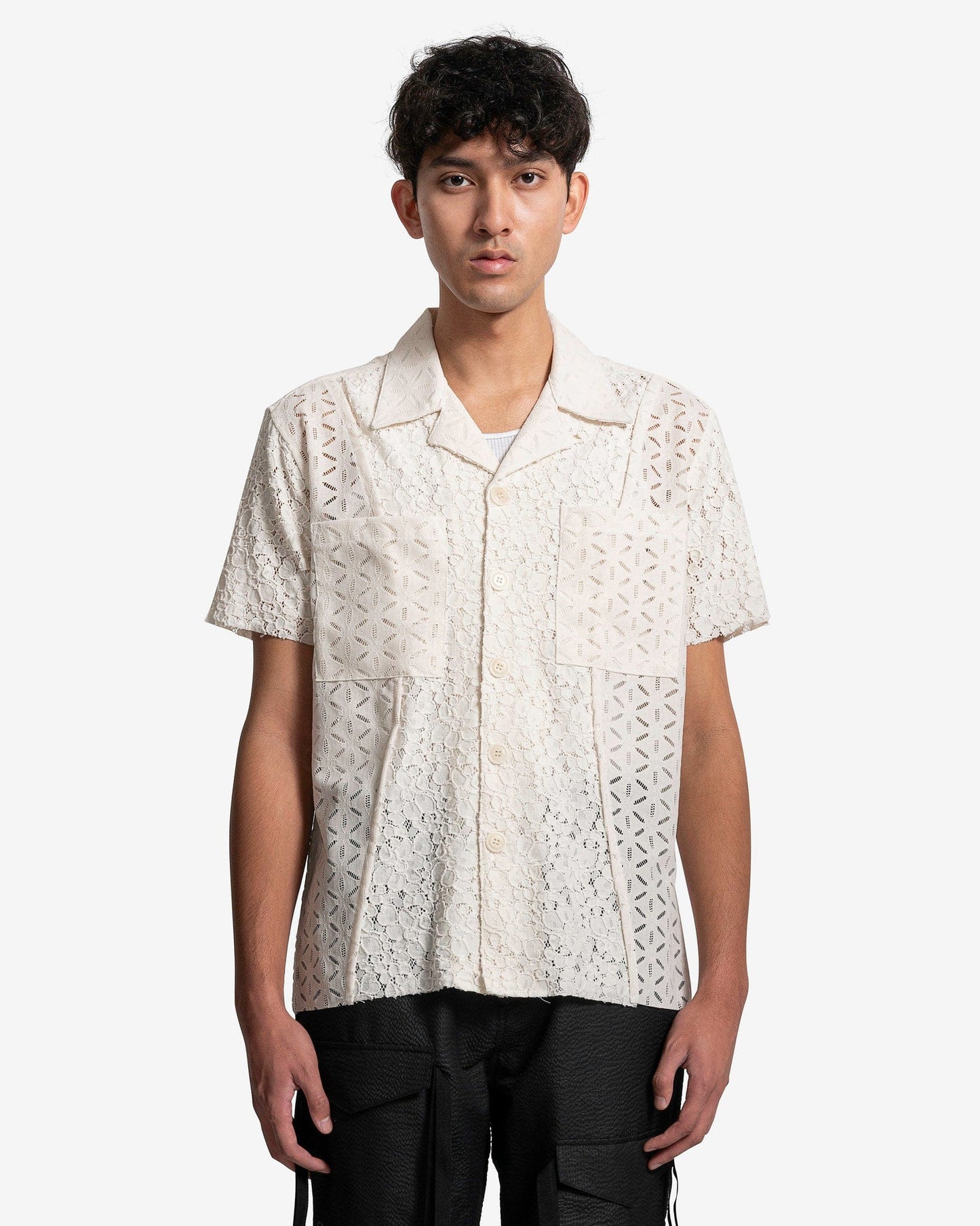 Andersson Bell Men's Shirts Half Sheer Flower Lace Shirt in Ecru