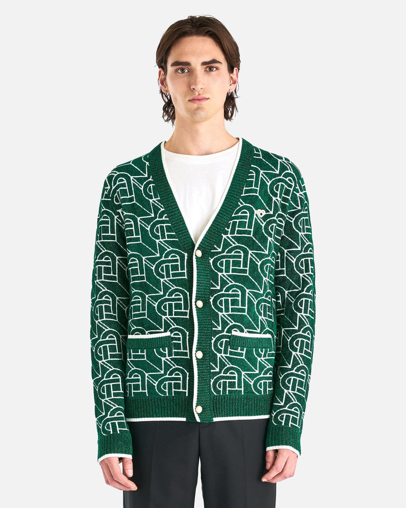 Casablanca Men's Sweater Heart Monogram Knit Cardigan in Green/White