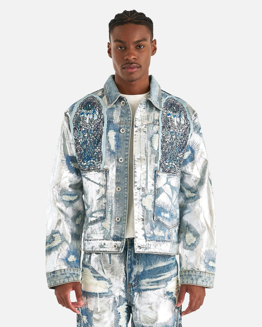 Who Decides War Men's Jackets Heavy Metal Denim Trucker Jacket in Sky/Silver