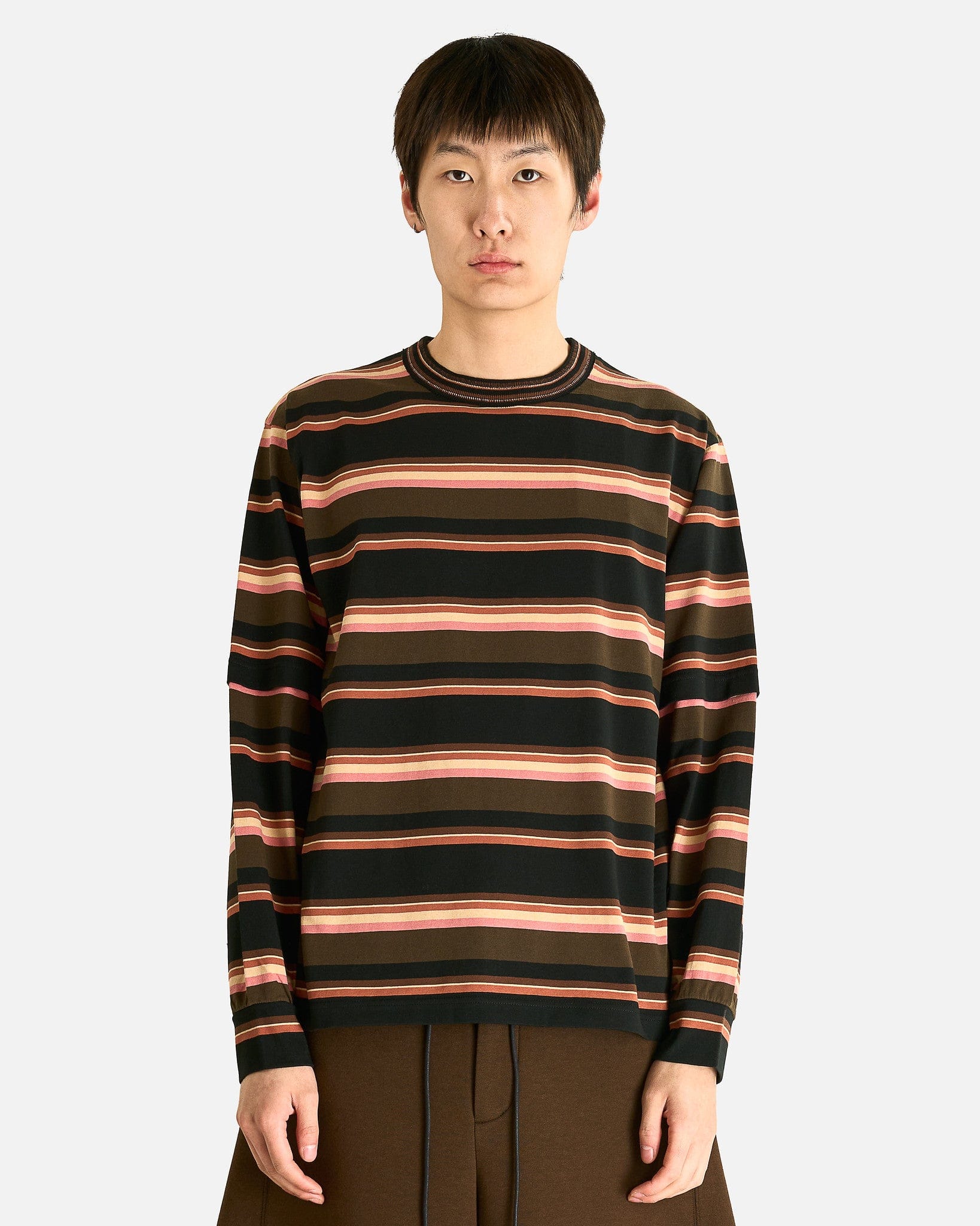 Sacai Men's Shirts Horizontal Stripe Longsleeve Shirt in Khaki/Pink