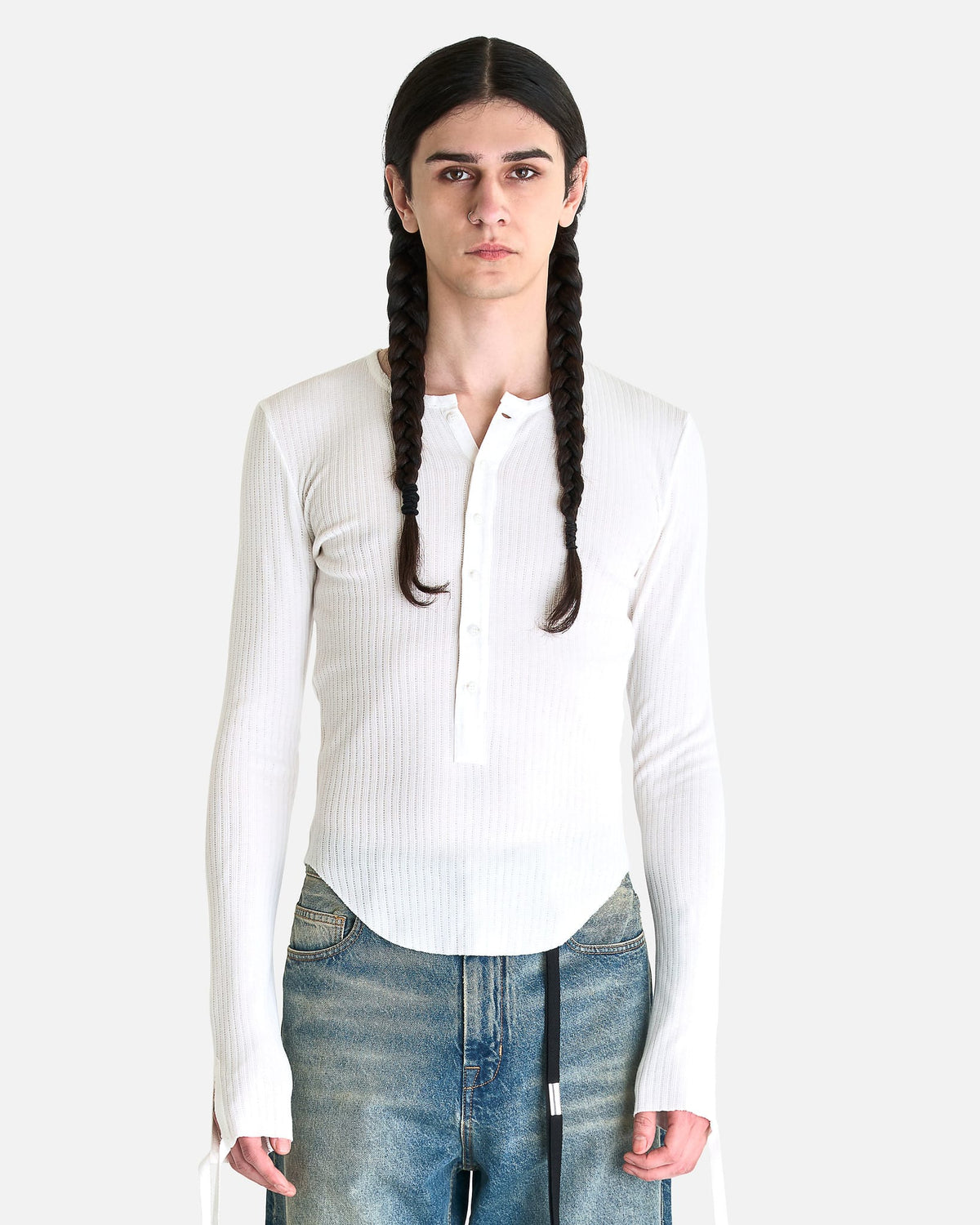 Ann Demeulemeester Men's Shirts Ilyas Serafino Rib Jersey in Ivory