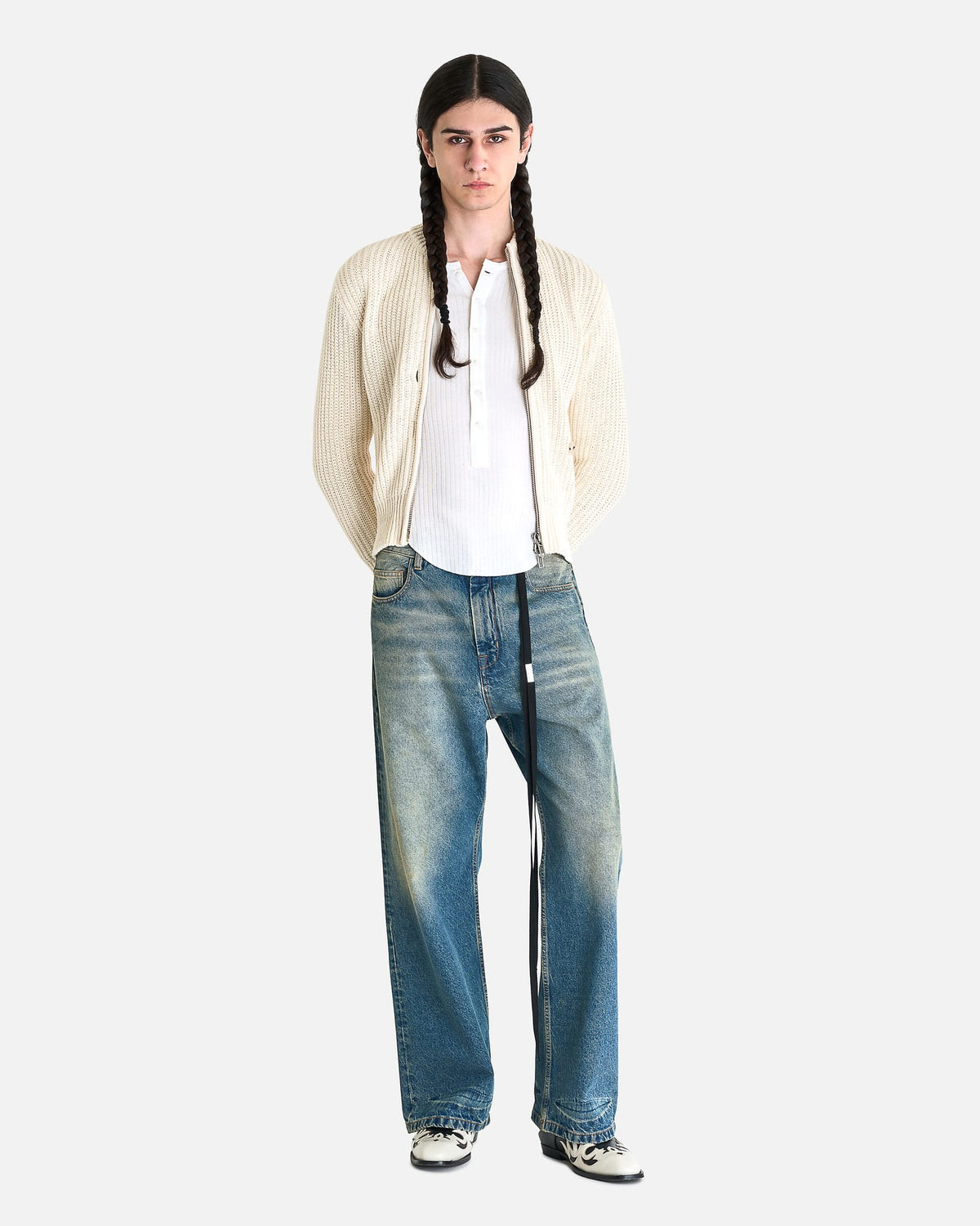 Ann Demeulemeester Men's Shirts Ilyas Serafino Rib Jersey in Ivory