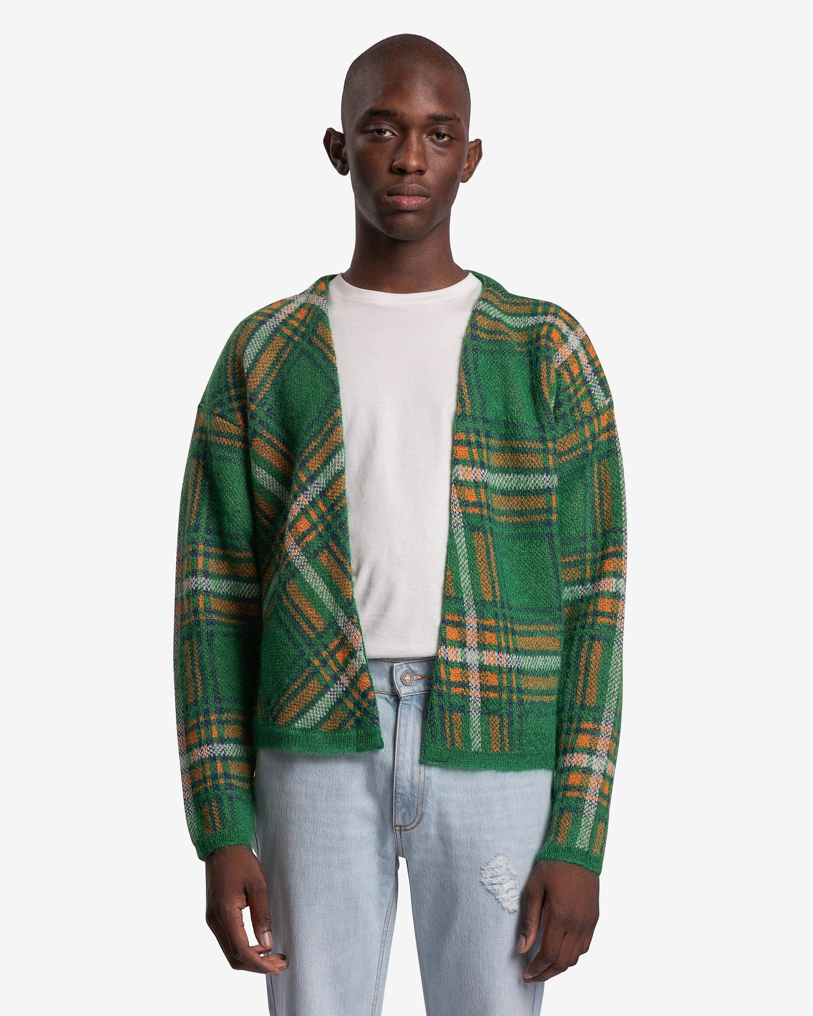 ERL Men's Sweater Jacquard Plaid Cardigan Knit in Green