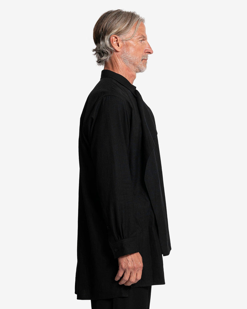 Yohji Yamamoto Pour Homme Men's Shirts Khadi Cotton Shirt with Left Flap in Black