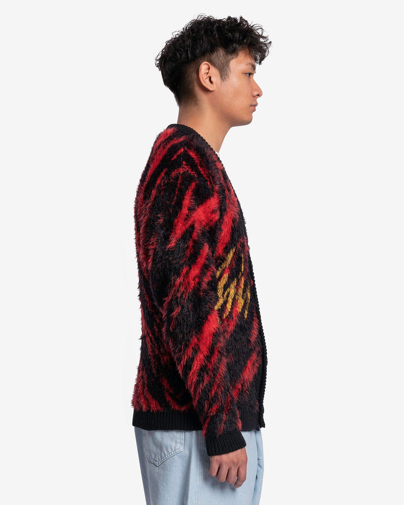 LU'U DAN Men's Sweater Knit Oversized Mohair Jacquard Cardigan in Black/Red