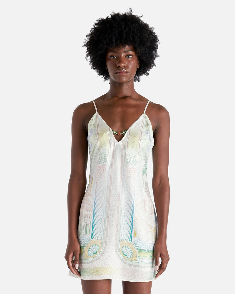 La Monnaie Monogram Silk Dress with V-Cut Detail in White La Monnaie Monogram Silk Dress with V-Cut Detail in White