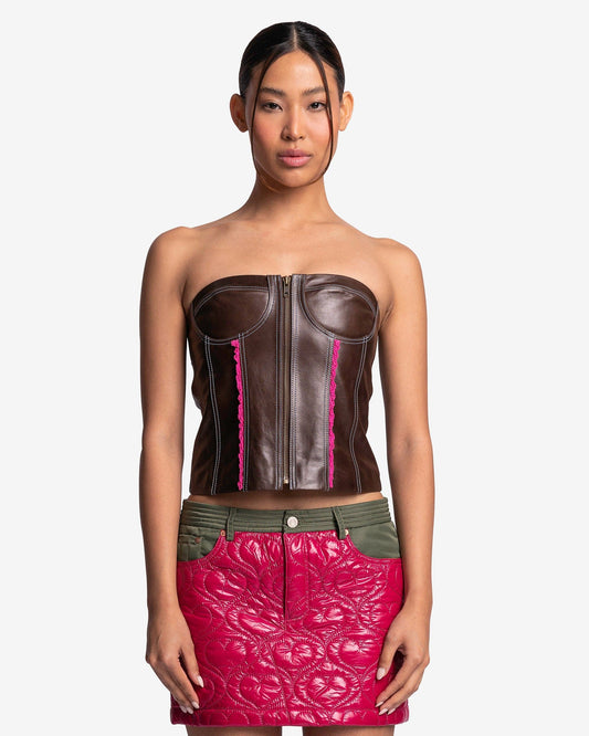 Andersson Bell Women Tops Lace Combination Leather Bustier in Brown