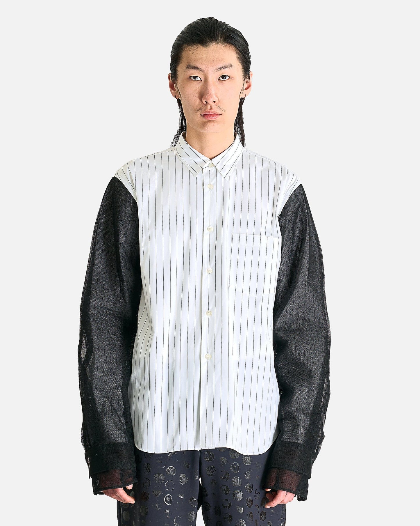 Layered Striped Long Sleeve Button Up in White/Black