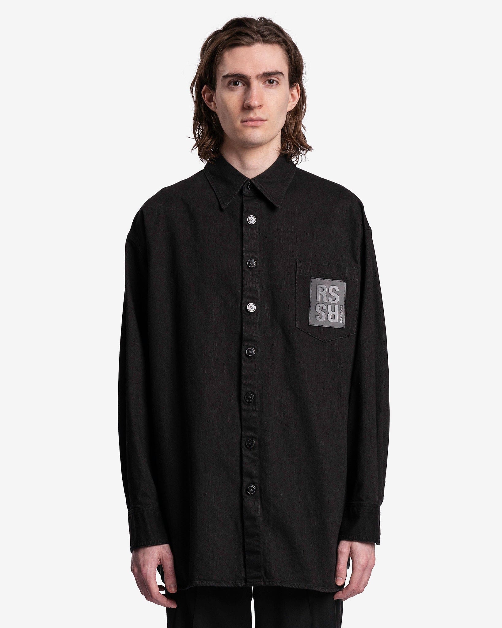 Raf Simons Men's Shirts Leather Patch Oversized Denim Shirt in Black