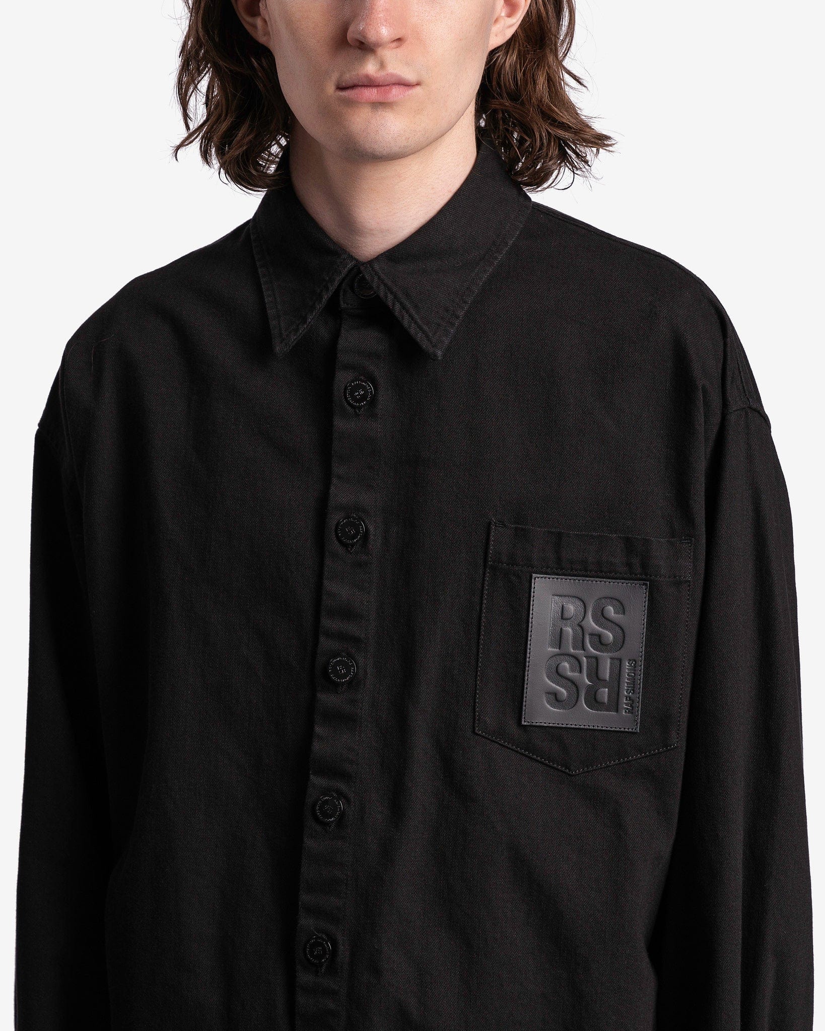 Raf Simons Men's Shirts Leather Patch Oversized Denim Shirt in Black