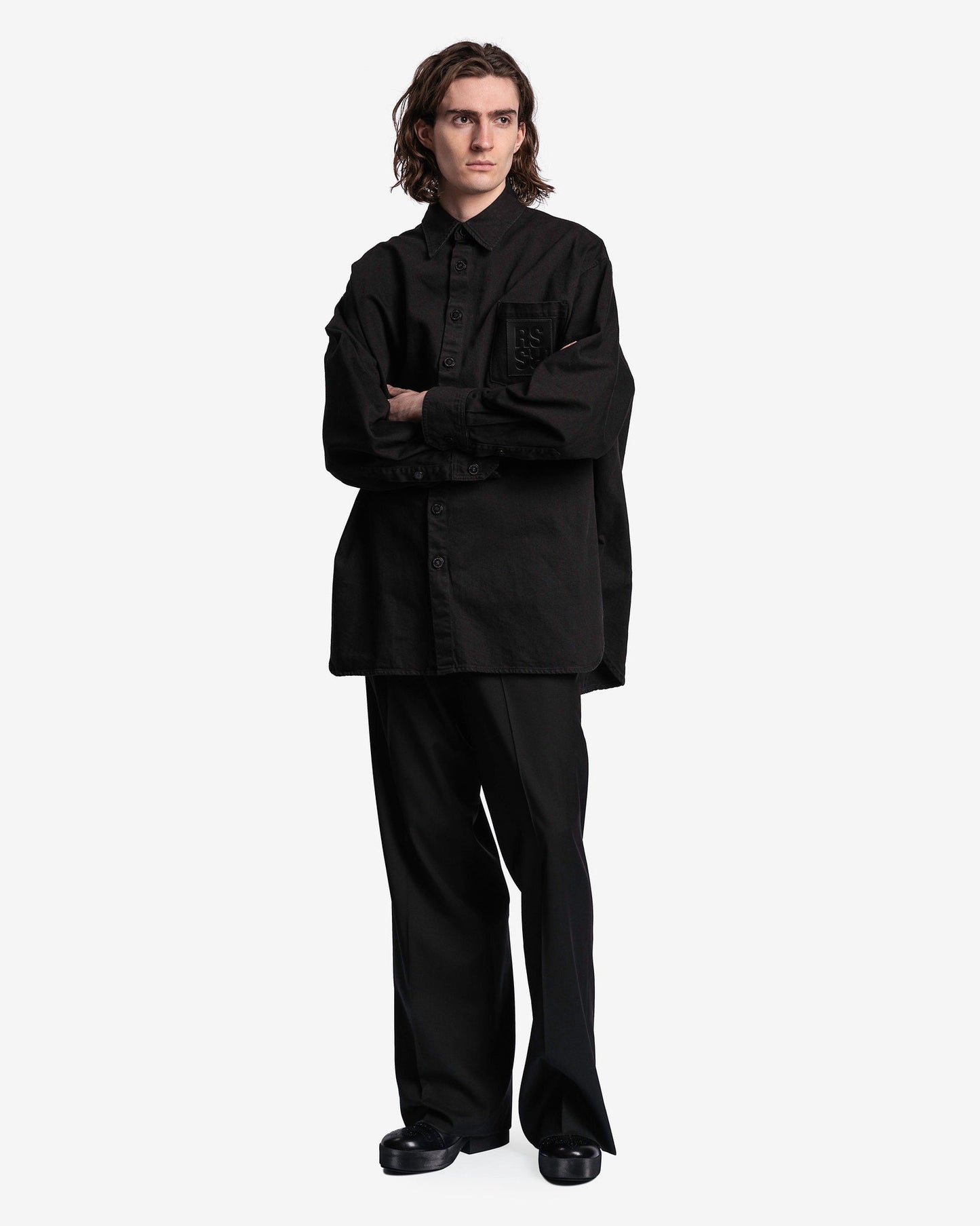 Raf Simons Men's Shirts Leather Patch Oversized Denim Shirt in Black