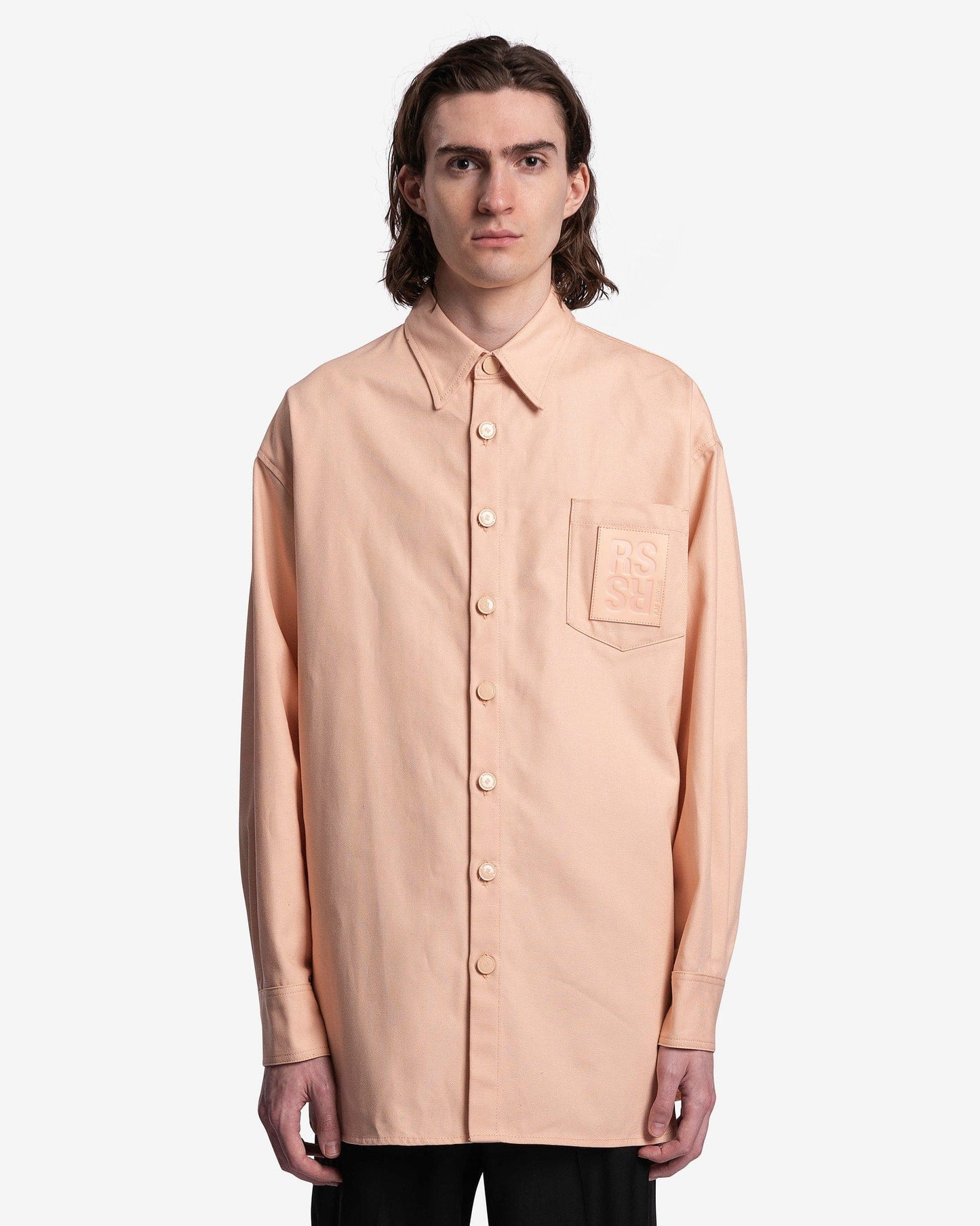 Raf Simons Men's Shirts Leather Patch Oversized Denim Shirt in Salmon