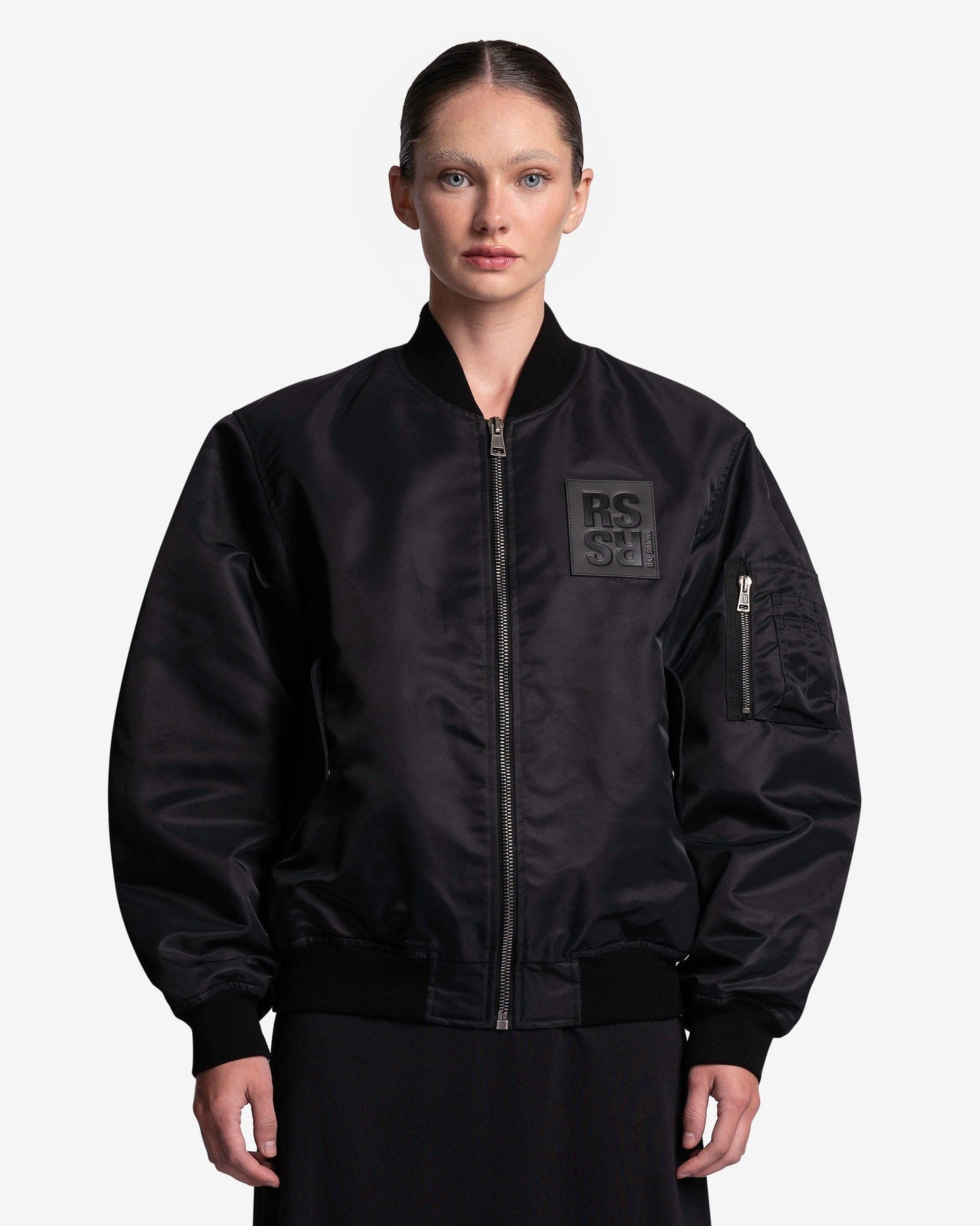Leather Patch Small Fit Bomber in Black