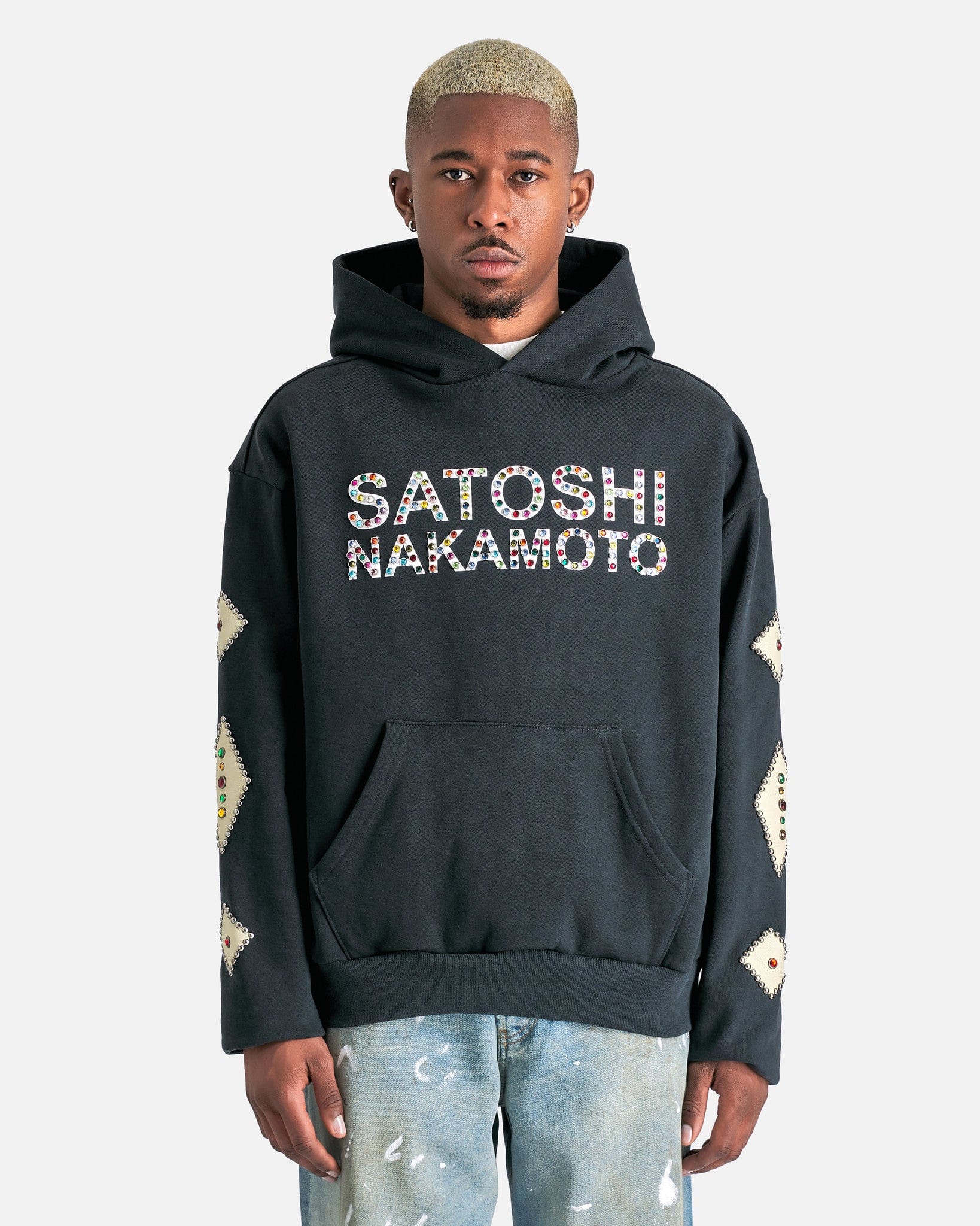 Satoshi Rhinestones Satoshi Nakamoto - Leather Studded Logo Hoodie in Black – SVRN