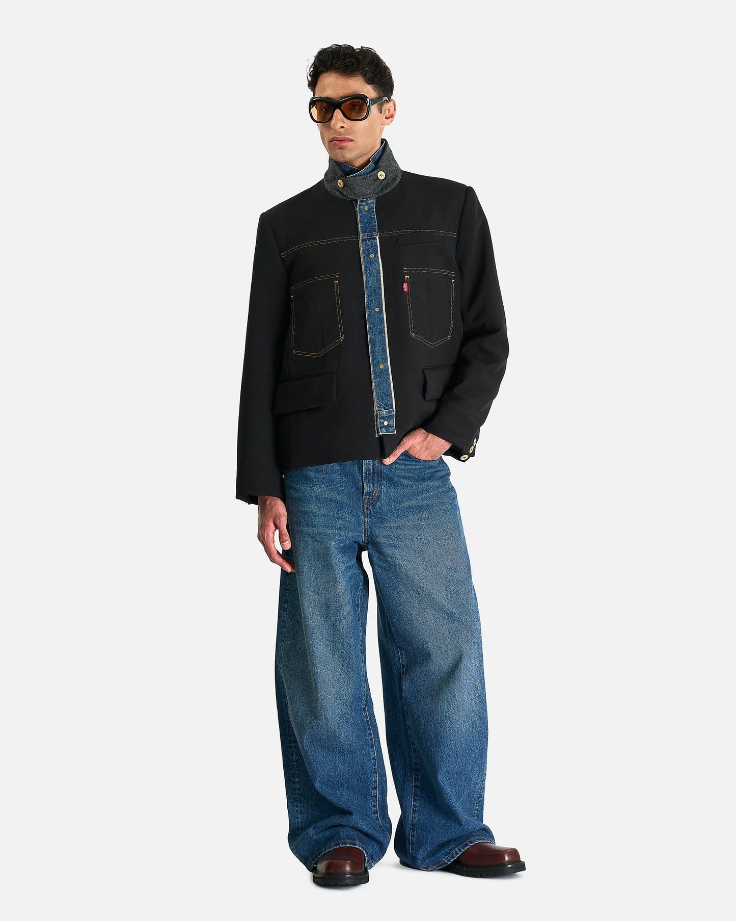 Sacai Men's Jackets Levi's Denim x Matelasse Twill Reversible Blouson in Black/Blue
