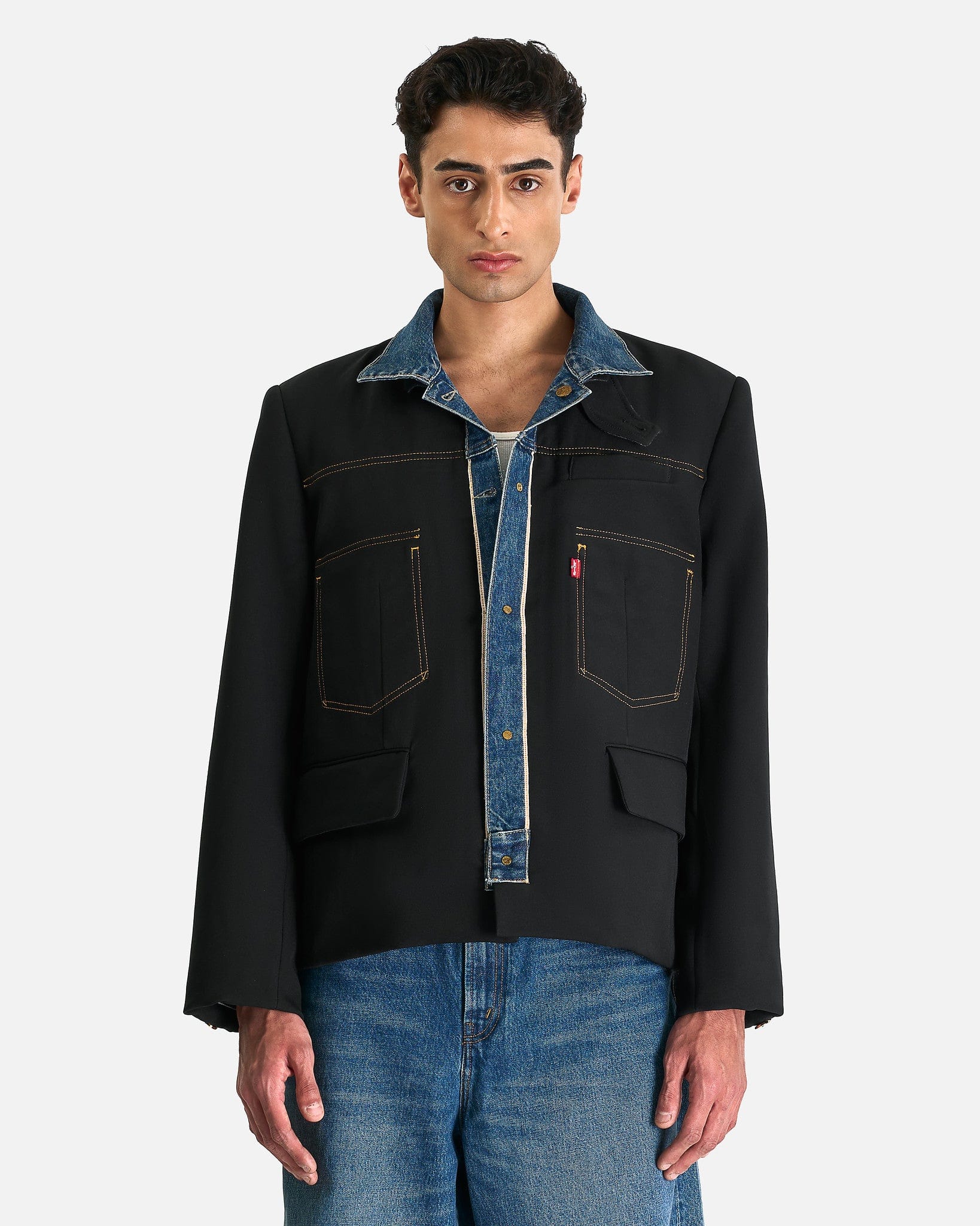 Sacai Men's Jackets Levi's Denim x Matelasse Twill Reversible Blouson in Black/Blue