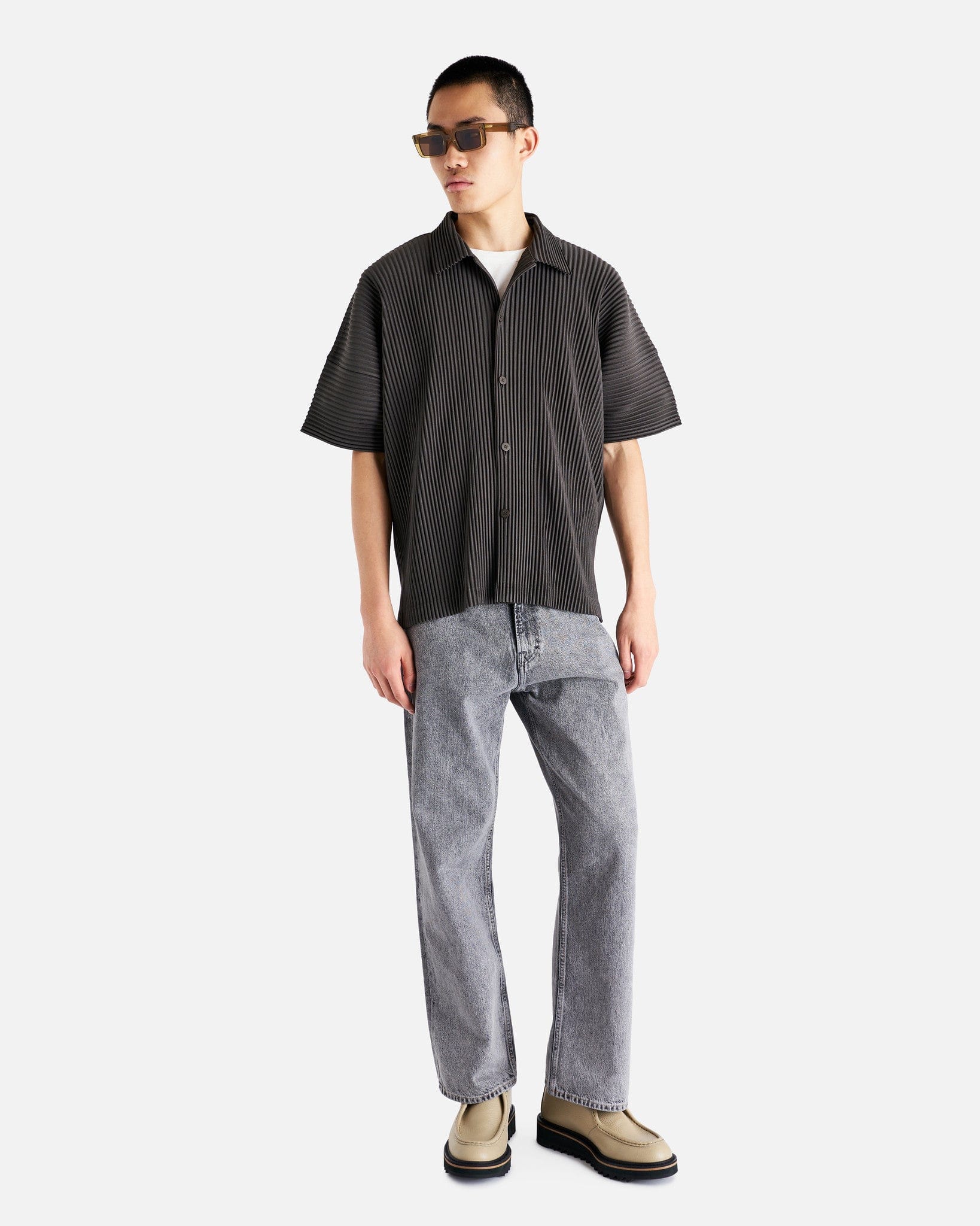 Homme Plissé Issey Miyake Men's Shirts MC July Polo in Ebony Khaki