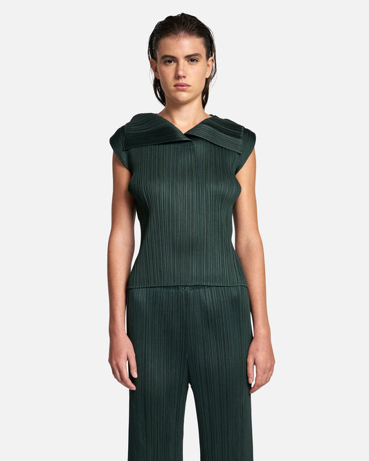 Pleats Please Issey Miyake Women Tops Monthly Colors July V-Neck Top in Dark Green