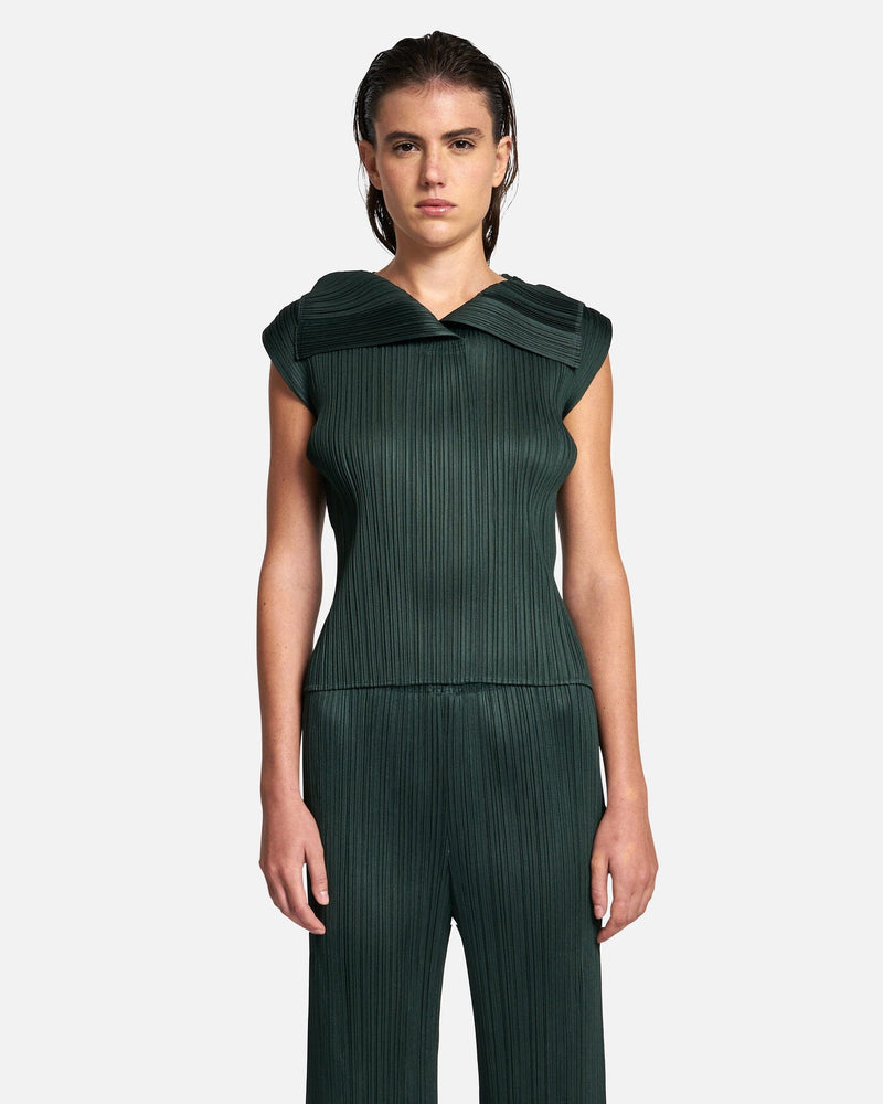 Pleats Please Issey Miyake Women Tops Monthly Colors July V-Neck Top in Dark Green