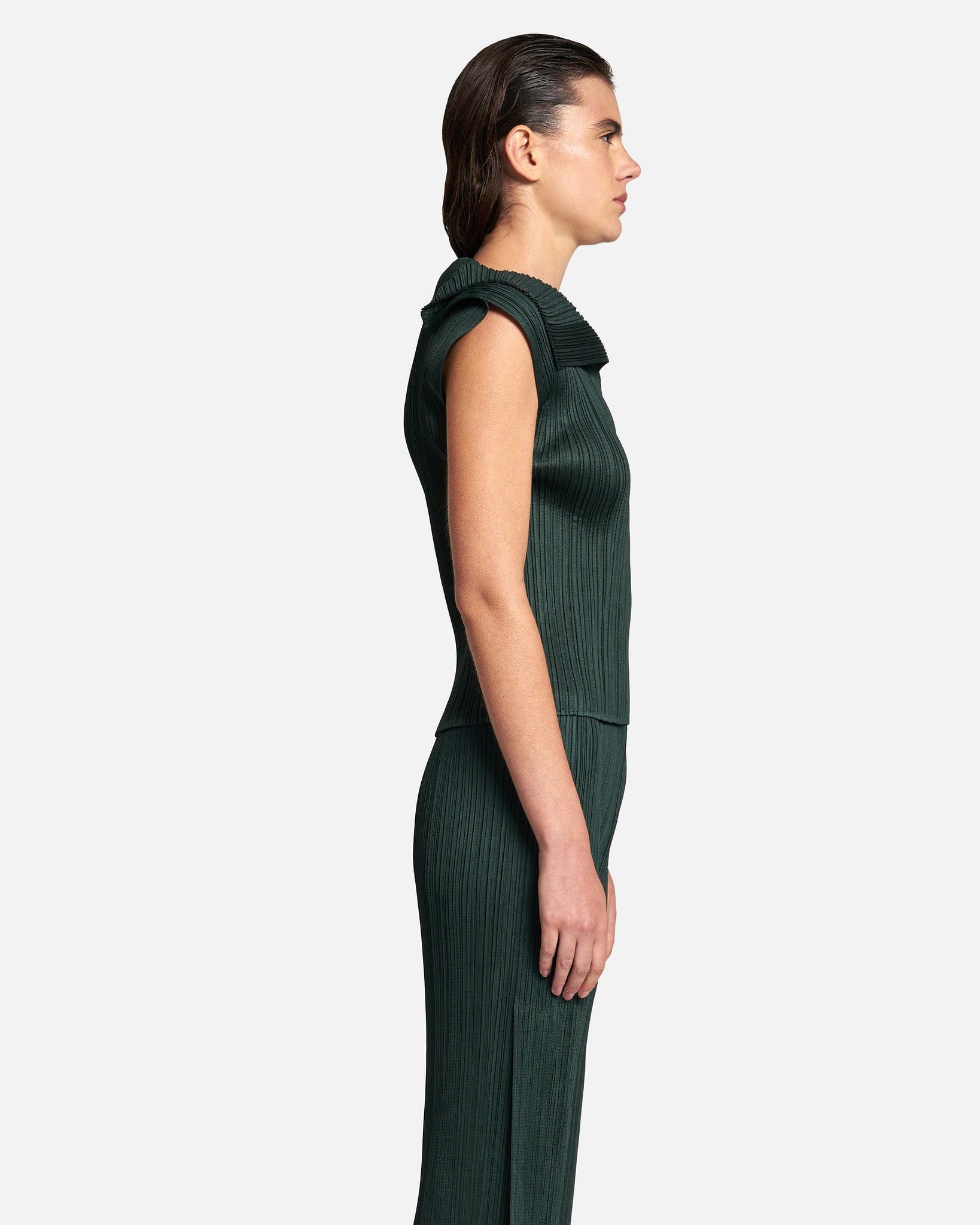 Pleats Please Issey Miyake Women Tops Monthly Colors July V-Neck Top in Dark Green