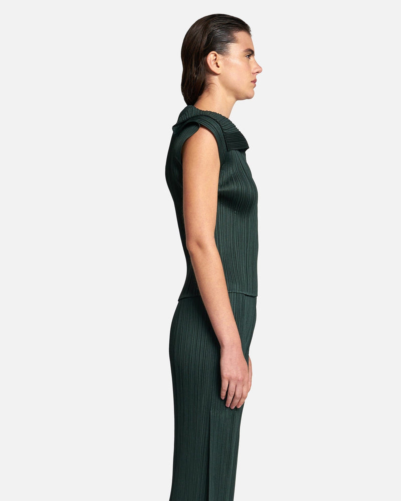 Pleats Please Issey Miyake Women Tops Monthly Colors July V-Neck Top in Dark Green