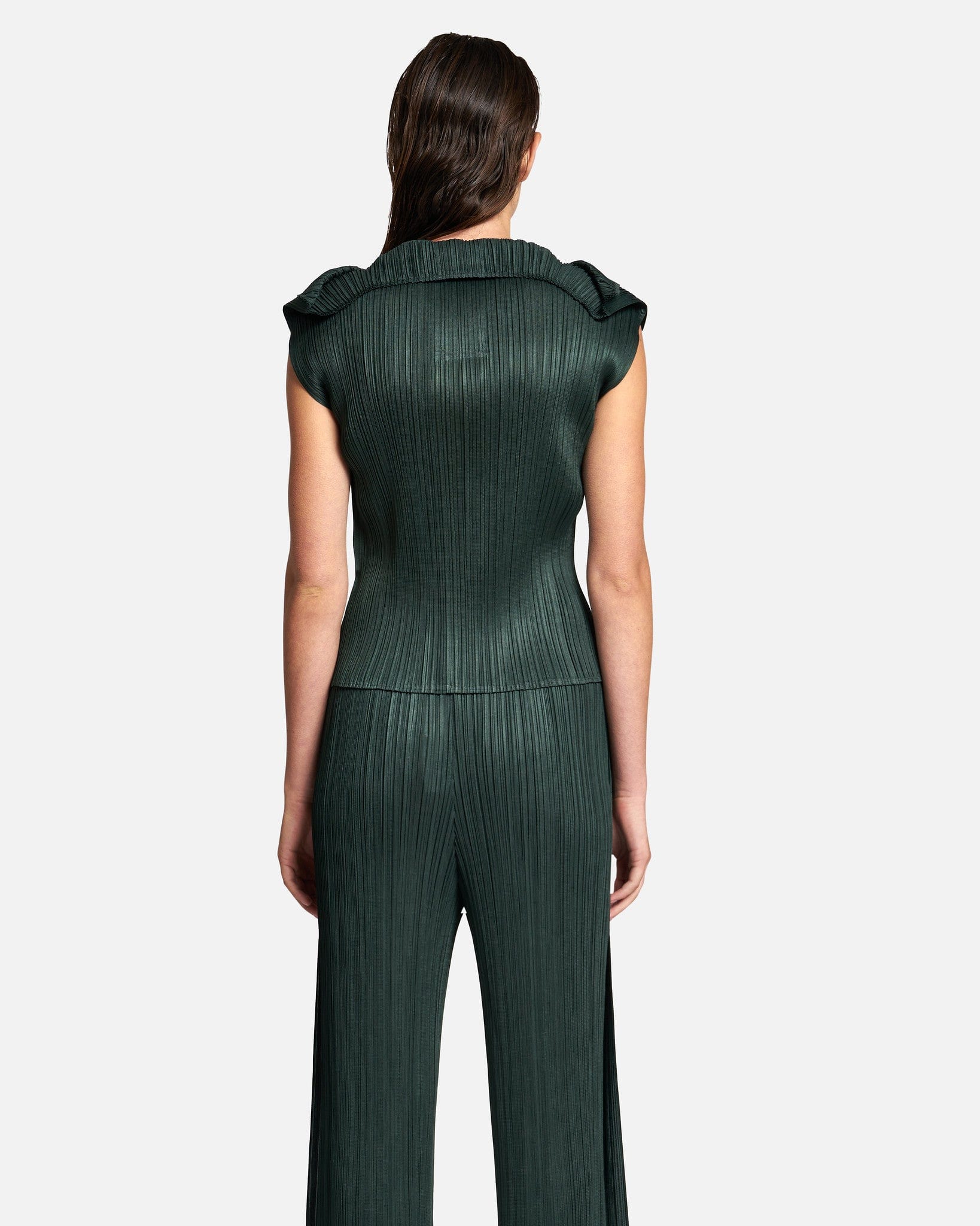 Pleats Please Issey Miyake Women Tops Monthly Colors July V-Neck Top in Dark Green