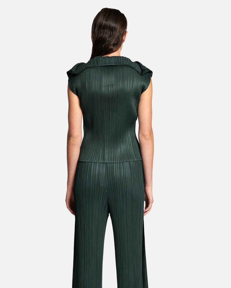 Pleats Please Issey Miyake Women Tops Monthly Colors July V-Neck Top in Dark Green