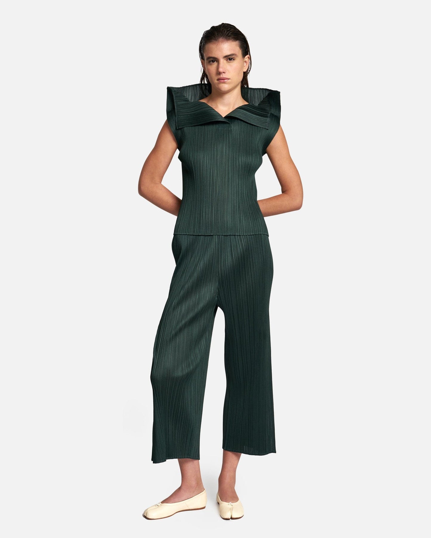 Pleats Please Issey Miyake Women Tops Monthly Colors July V-Neck Top in Dark Green