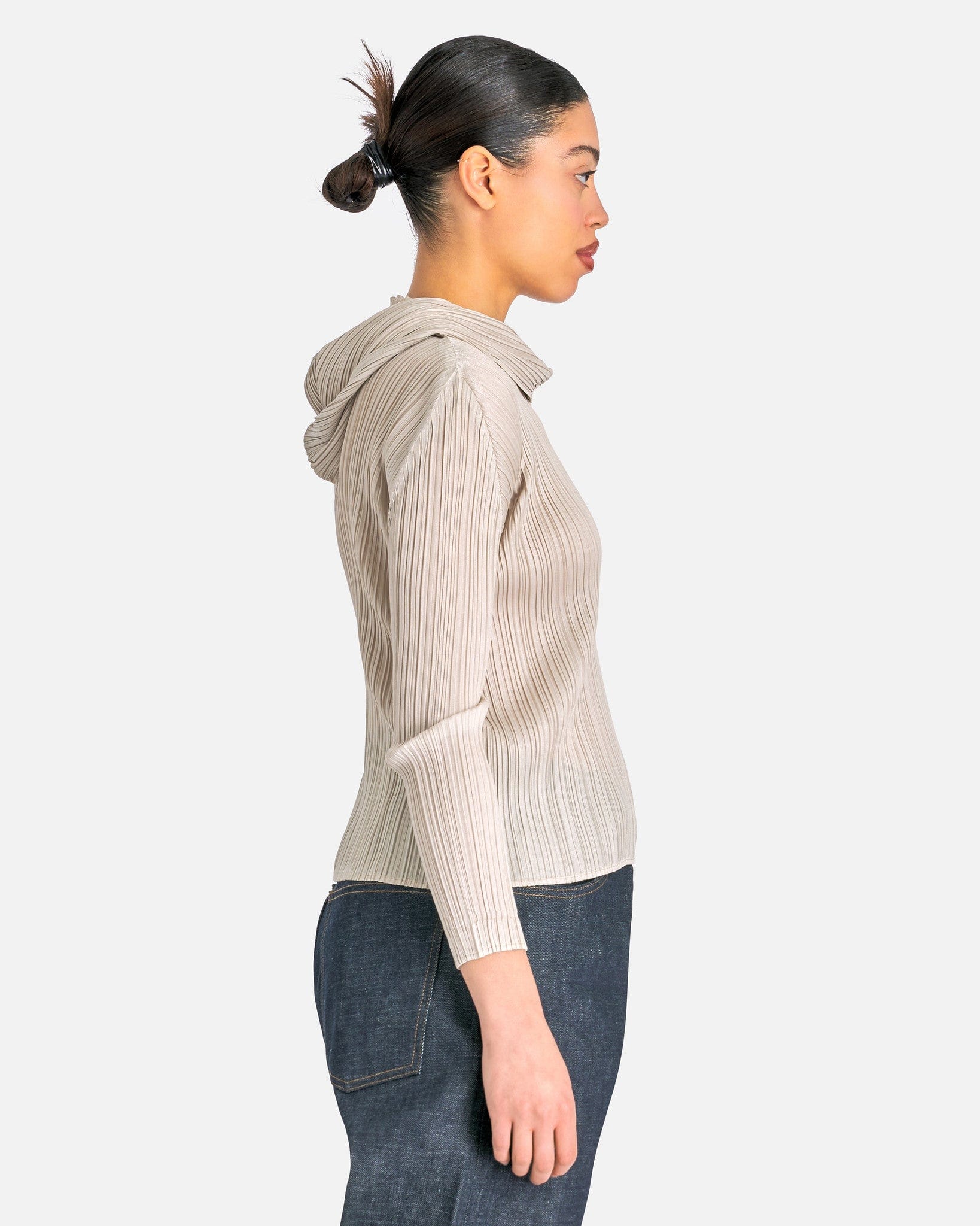 Pleats Please Issey Miyake Women Tops Monthly Colors September Hooded Neckline Shirt in Greige