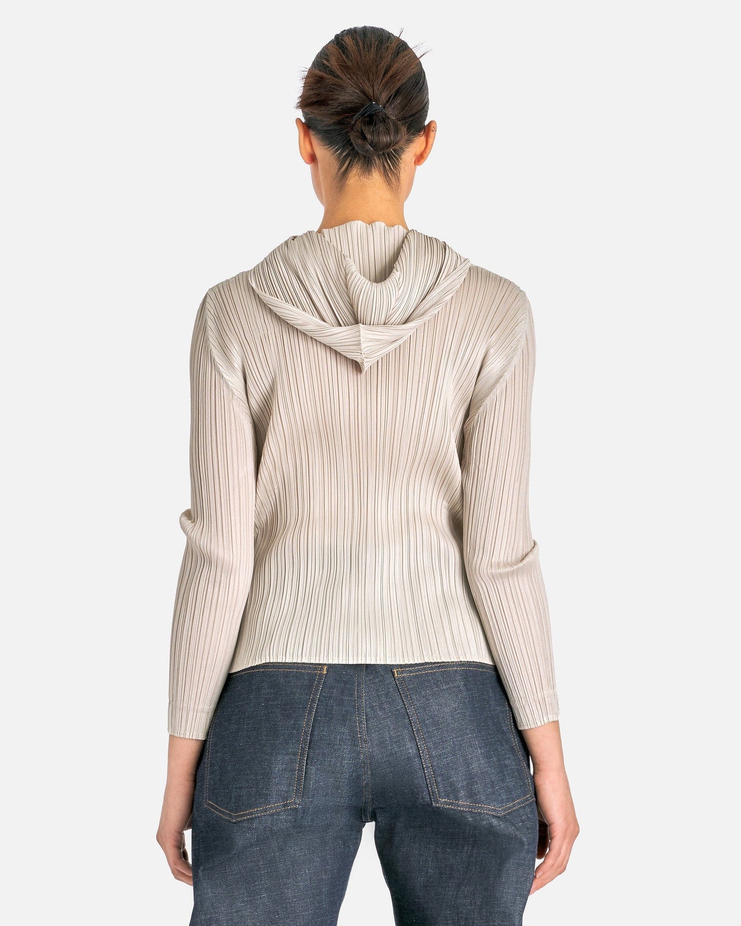 Pleats Please Issey Miyake Women Tops Monthly Colors September Hooded Neckline Shirt in Greige
