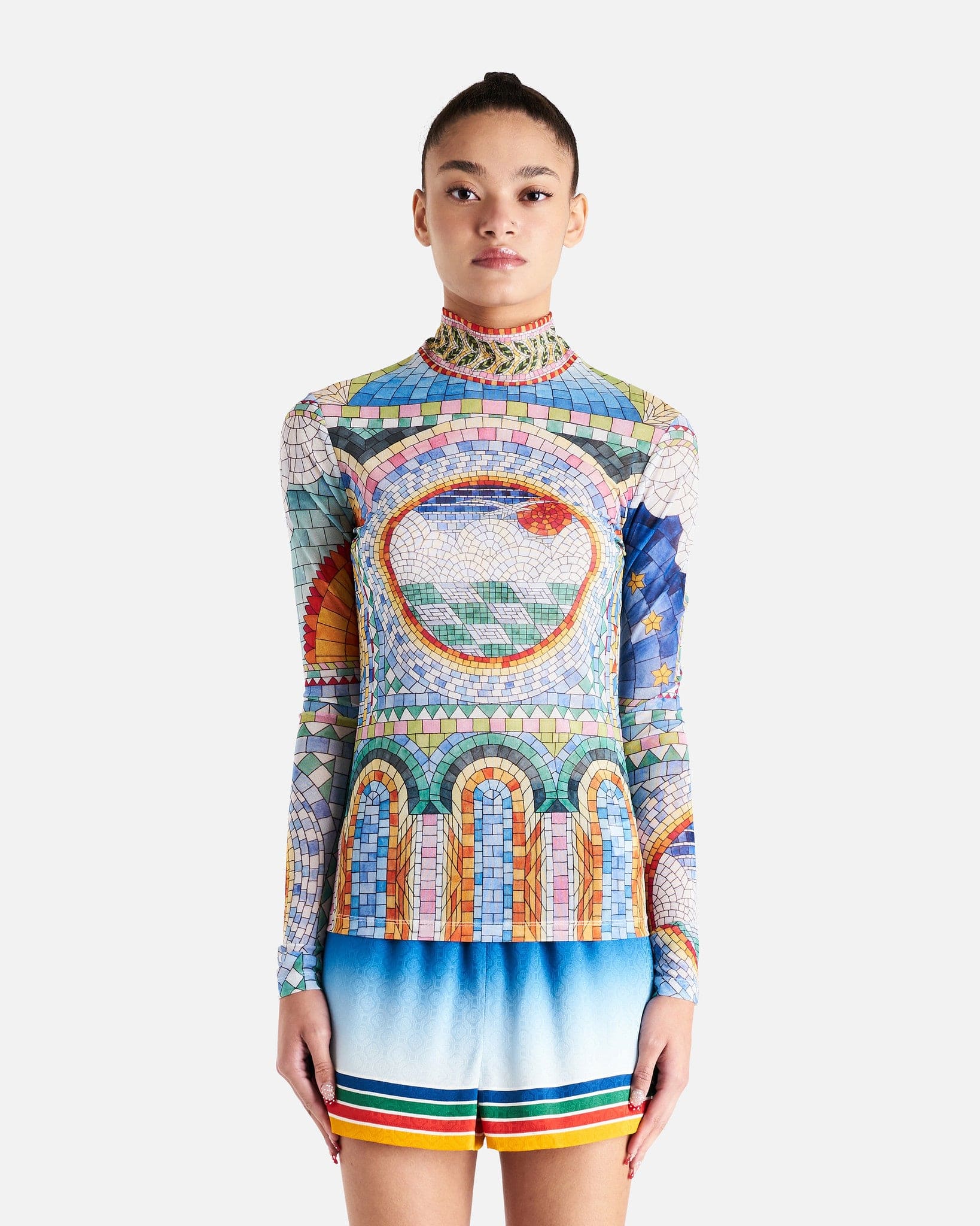 Casablanca Women Tops Mosaic De Damas Printed Mesh Top in Multi