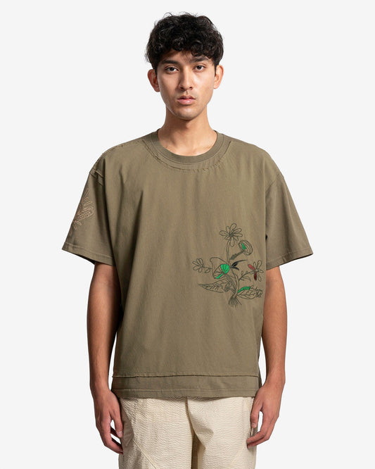 Andersson Bell Men's T-Shirts Mushroom Embroidery Panel T-Shirt in Khaki
